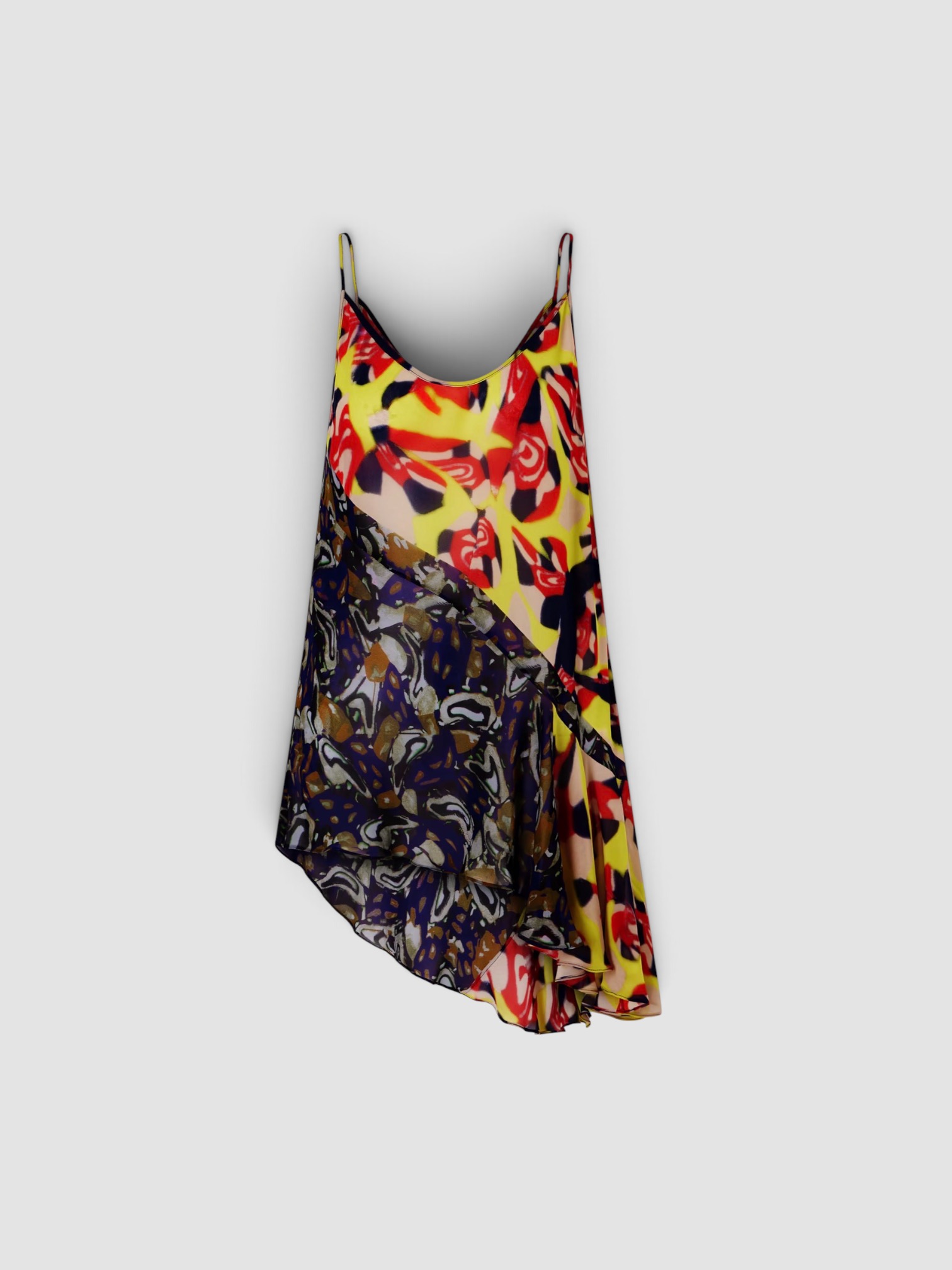 Dries Van Noten Ruffled Printed Asymmetric Georgette Camisole in yellow, worn with Dries Van Noten Printed Wide-Leg Pants, Dries Van Noten Flat Sandal, Dries Van Noten Marche Medium Fringed Top-Handle Bag, ALAÏA Mask-Frame Acetate Sunglasses, the day. Styled by Sharon Lombardo for FDV Concierge.