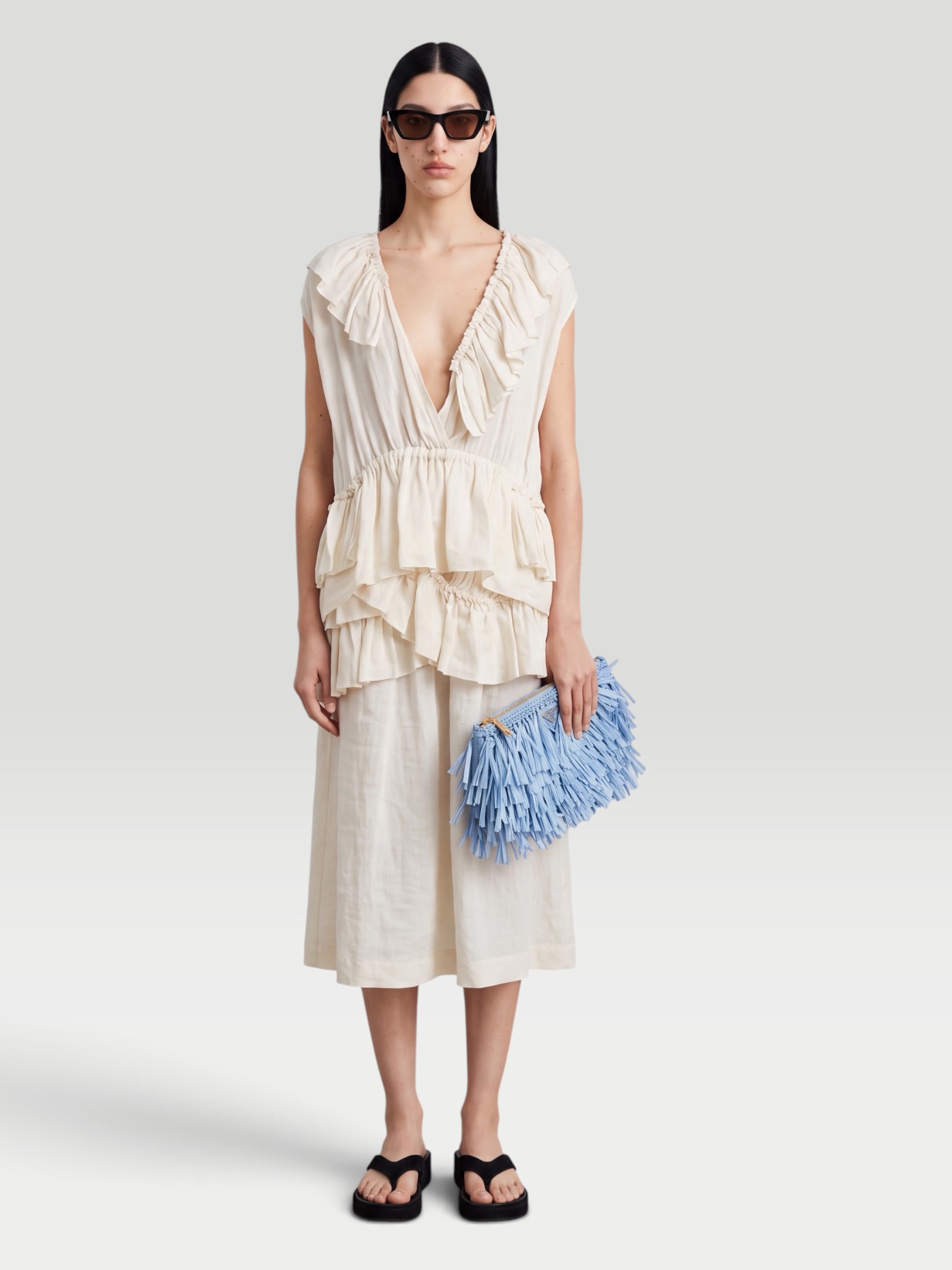 Dries Van Noten Ruffled Mousseline Top in ivory. Styled by Sharon Lombardo for FDV Concierge.