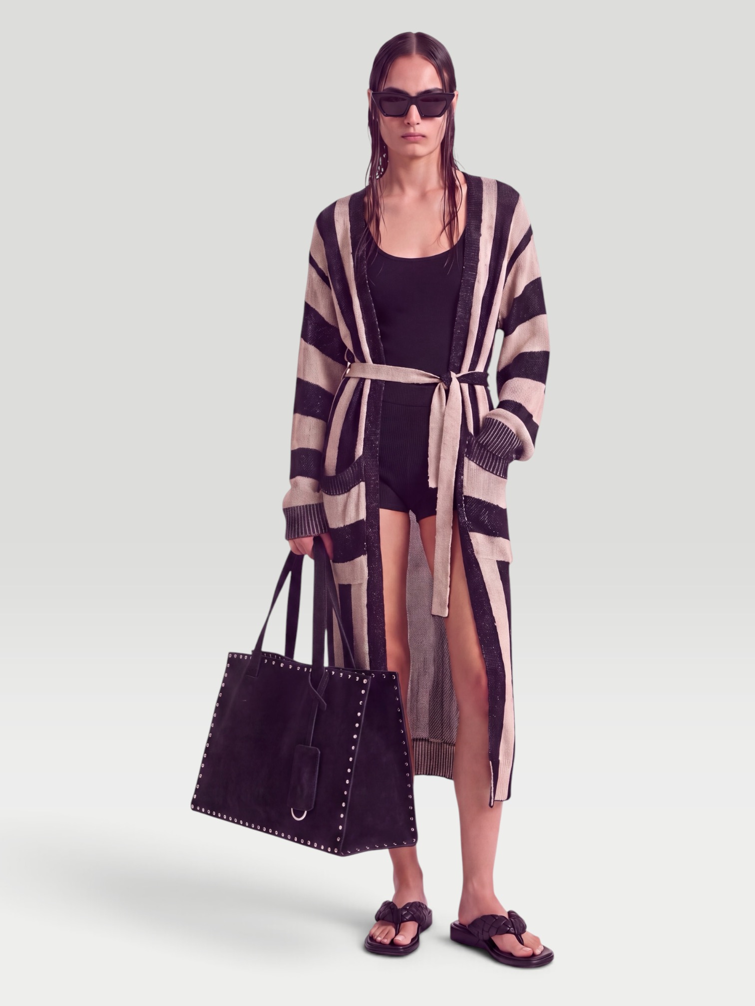Dries Van Noten Tomo Cardigan in black/cream stripe. Styled by Sharon Lombardo for FDV Concierge.