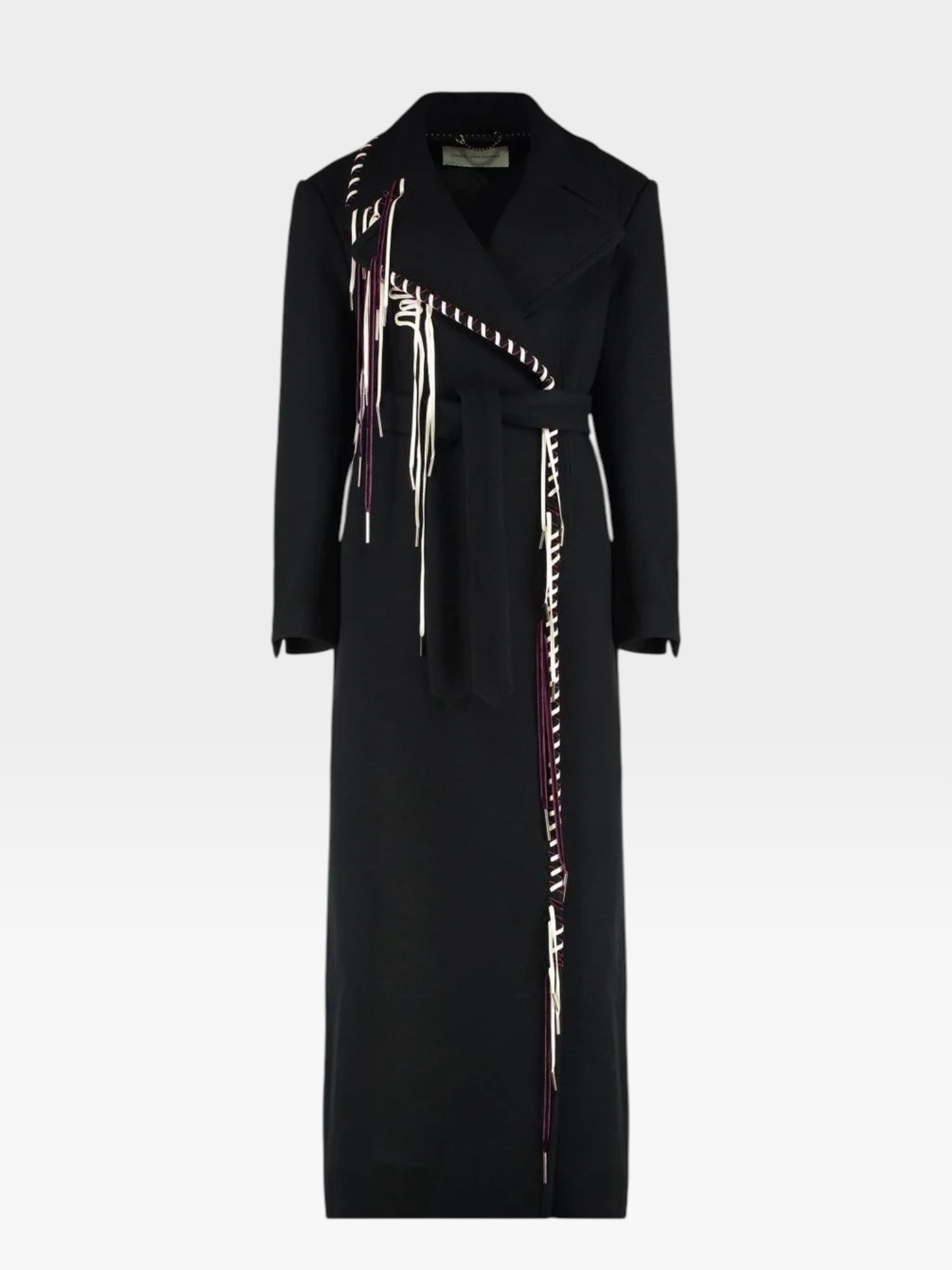 Dries Van Noten Rafaella Coat in black, worn with Jil Sander Fringed Hoop Earrings, Phoebe Philo Suede Slides. Styled by Sharon Lombardo for FDV Concierge.
