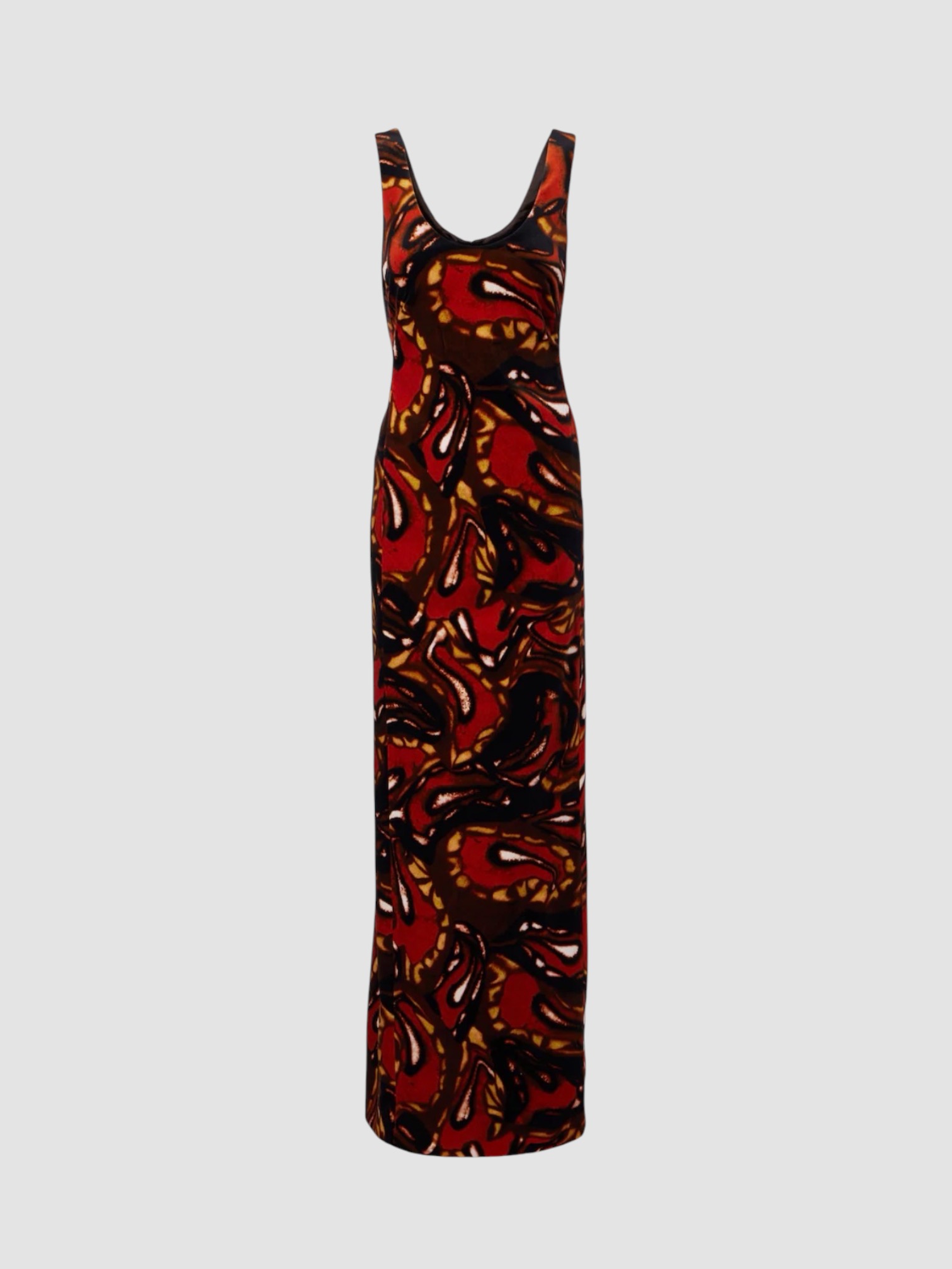 Dries Van Noten Debant Printed Maxi Dress in rust, worn with Dries Van Noten Flat Sandal. Styled by Sharon Lombardo for FDV Concierge.