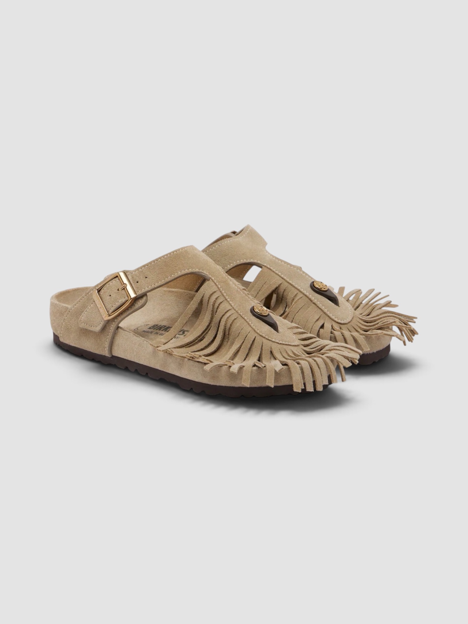 Birkenstock Etro Gizeh Fringed Suede Sandals in beige.