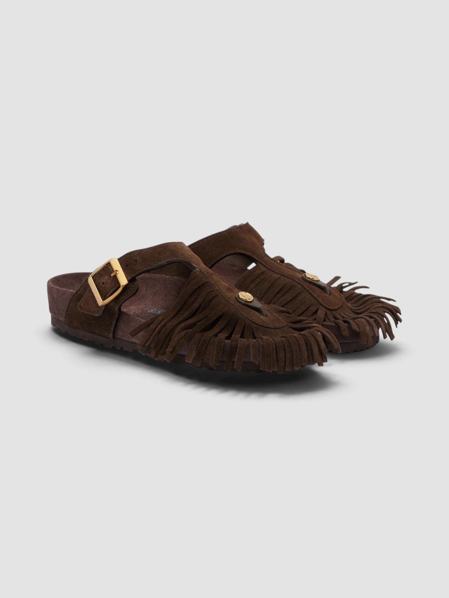 Birkenstock Etro Gizeh Fringed Suede Sandals in brown.