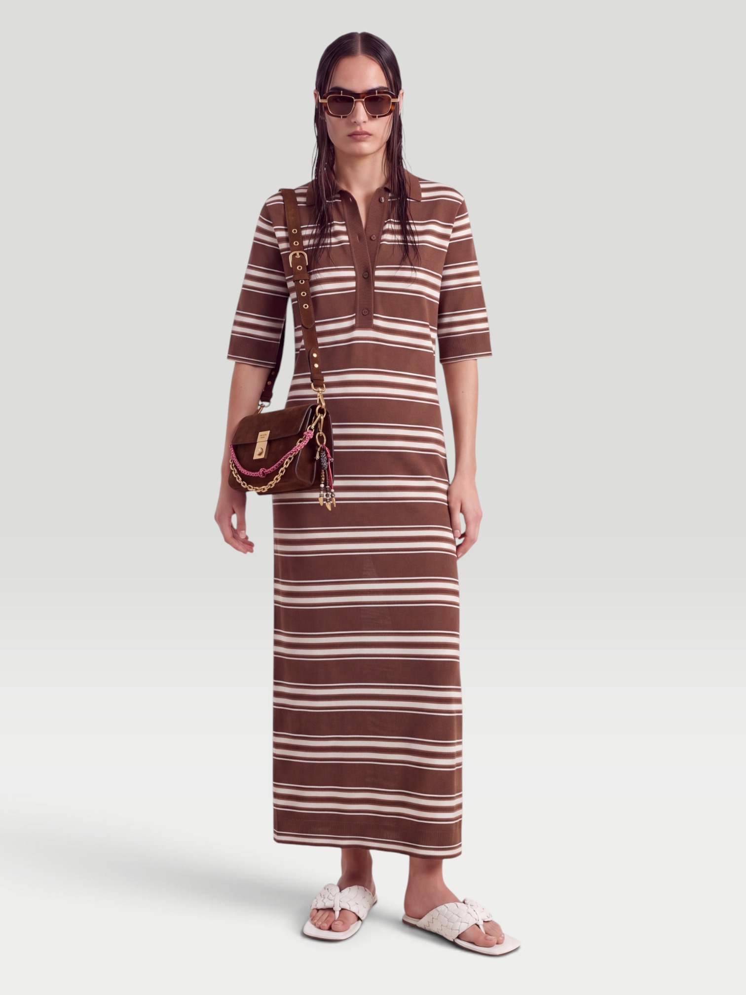 Faithfull Santiago Striped Cotton-Blend Midi Dress in brown. Styled by Sharon Lombardo for FDV Concierge.