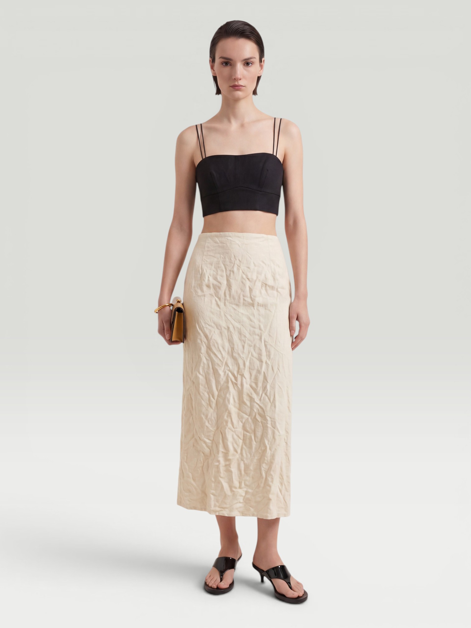 FFORME Mena Straight Cotton-Blend Midi Skirt in white. Styled by Sharon Lombardo for FDV Concierge.
