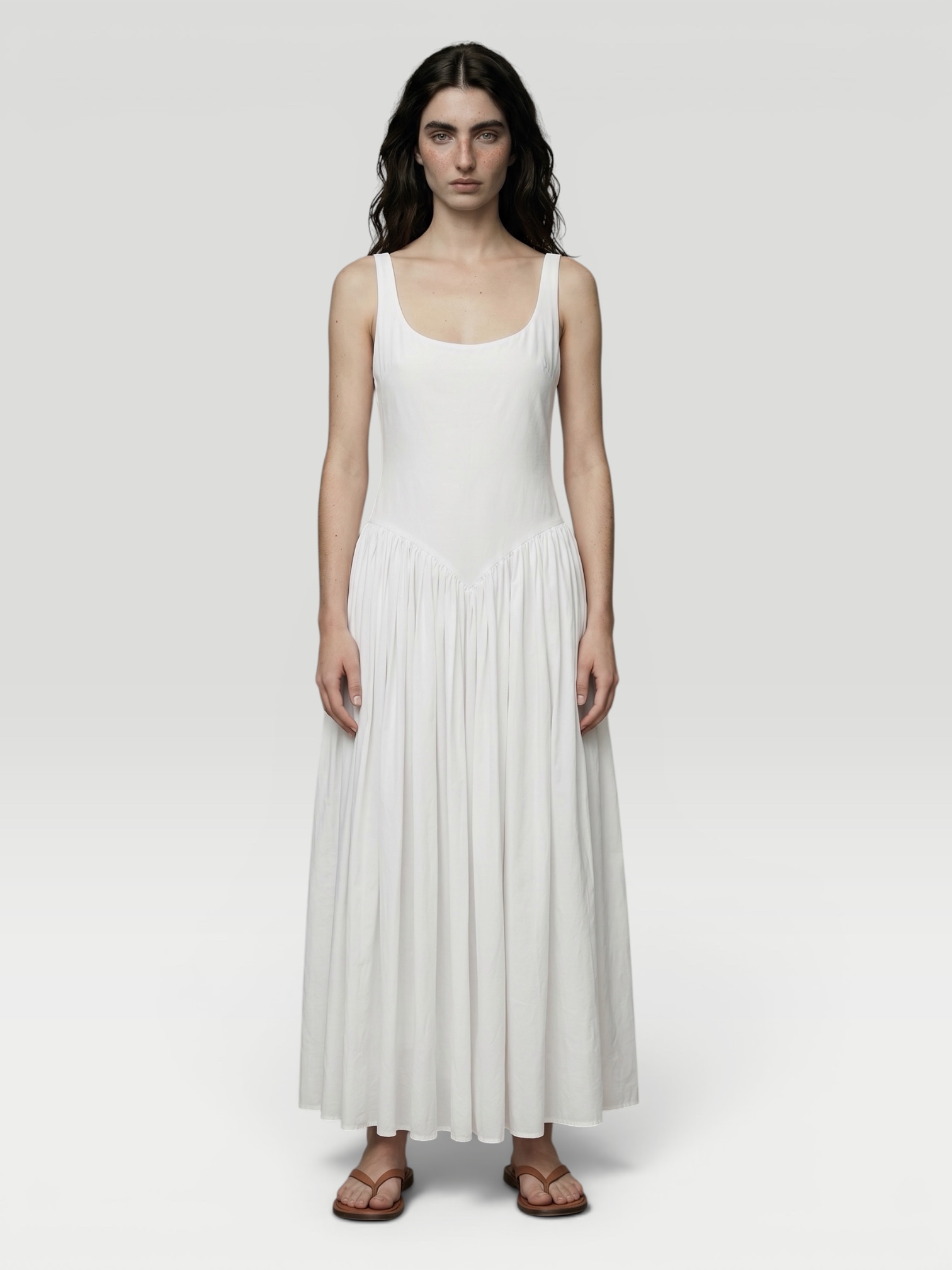 Gabriela Hearst Naia Dress in white, worn with Bottega Veneta Salsa Flat Thong. Styled by Sharon Lombardo for FDV Concierge.