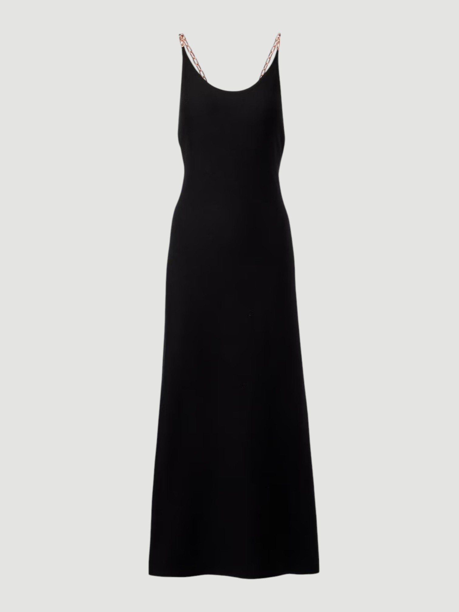 Gabriela Hearst Adeona Chain-Detail Silk Maxi Dress in black, worn with Alaïa Heel Thong Mules in Velvet. Styled by Sharon Lombardo for FDV Concierge.