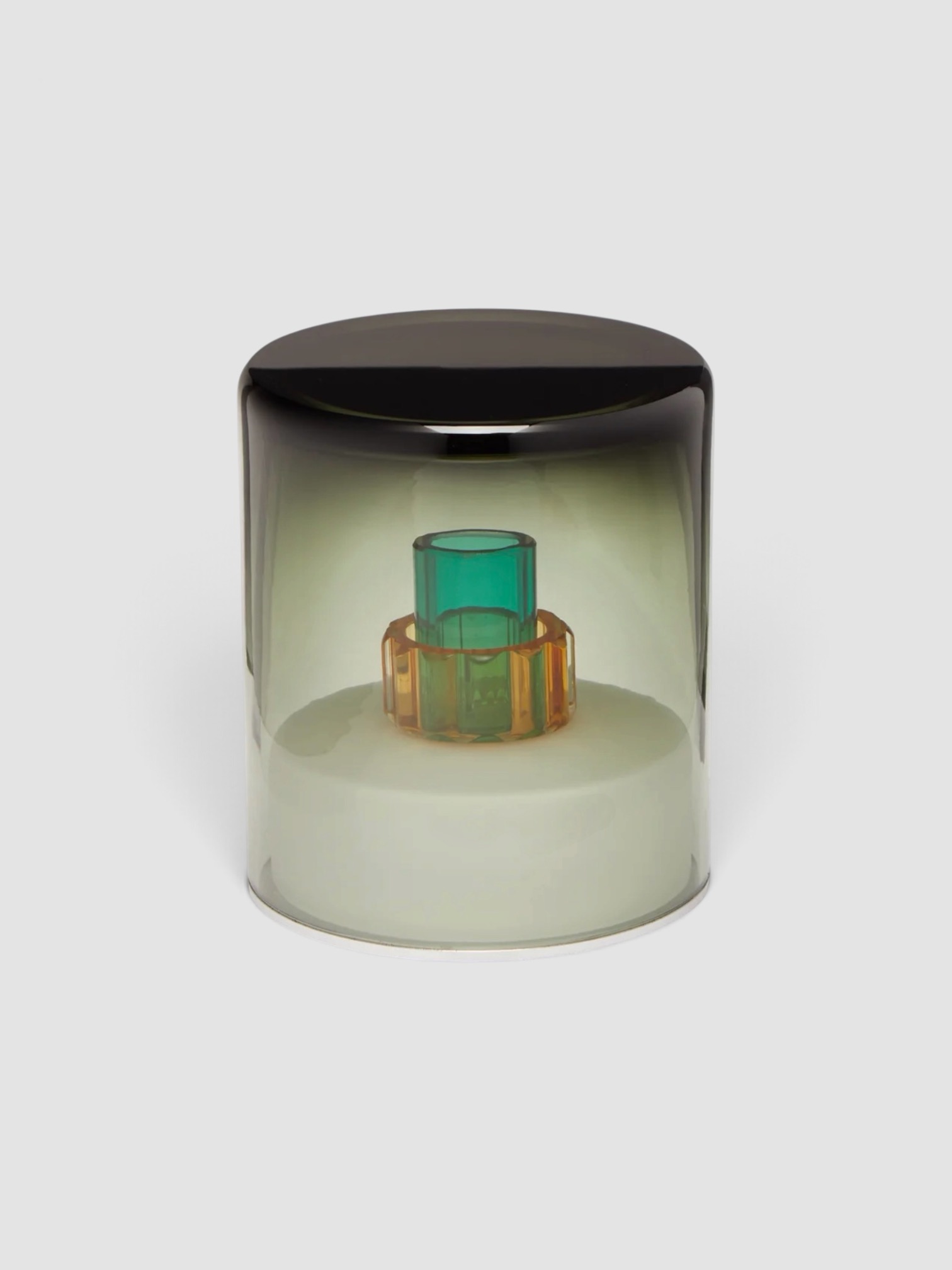 Green Wolf Lighting Titanio II Hand-Blown Murano Glass Portable Table Light in green and yellow.