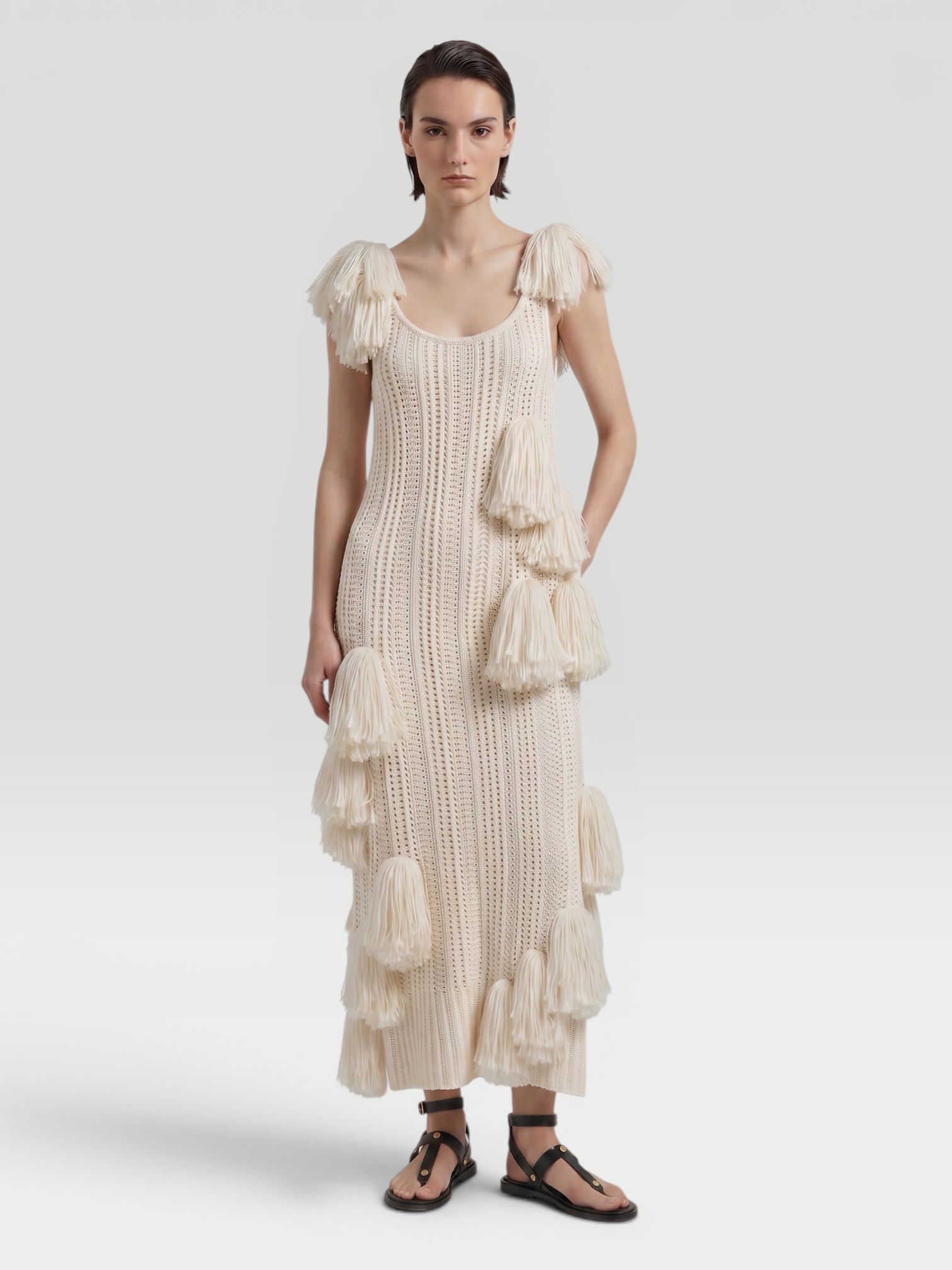HEIRLOME Pom Pom Silk Maxi Dress in ivory. Styled by Sharon Lombardo for FDV Concierge.
