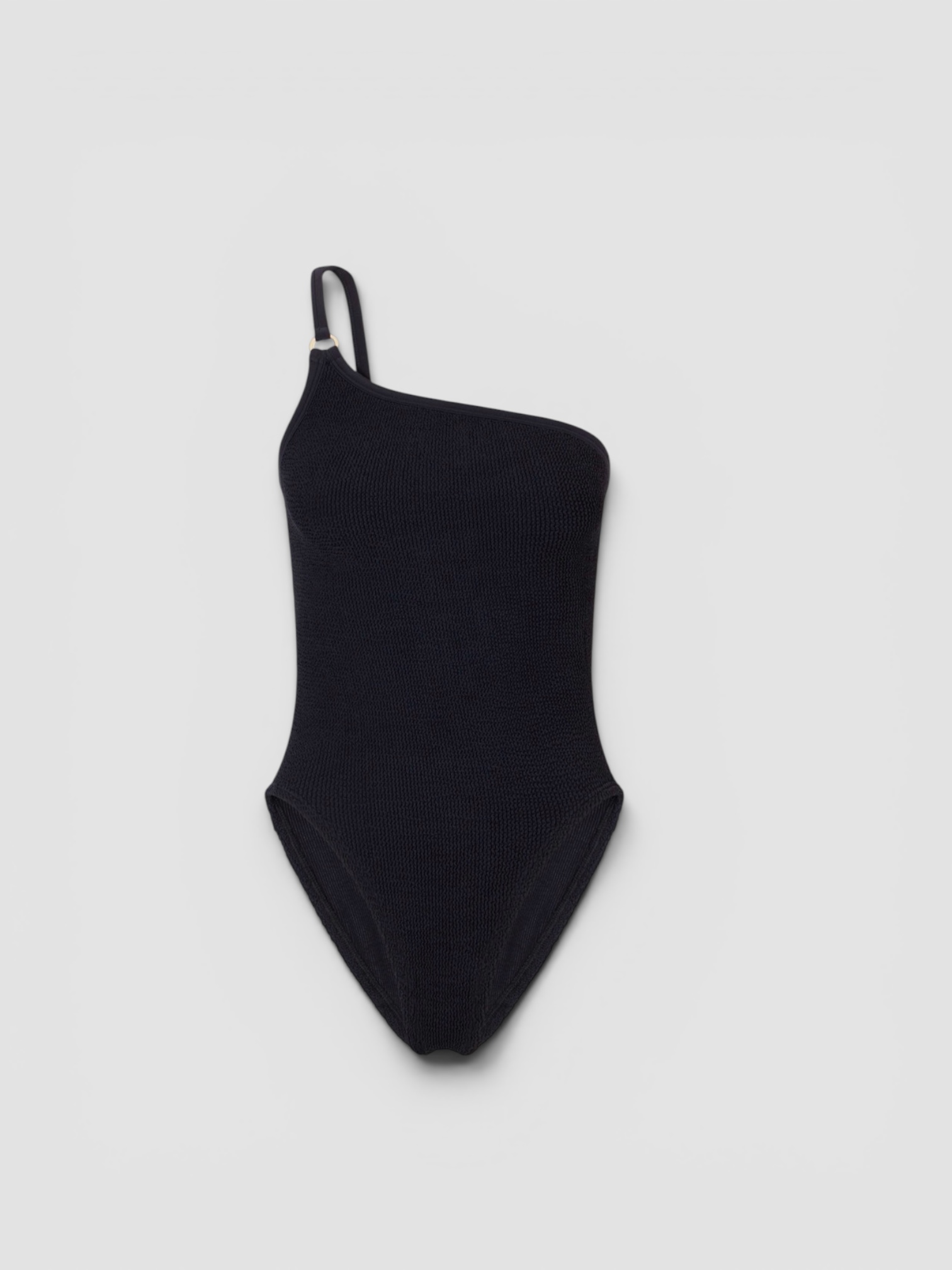Hunza G Clara One-Shoulder Swimsuit in black. Styled by Sharon Lombardo for FDV Concierge.