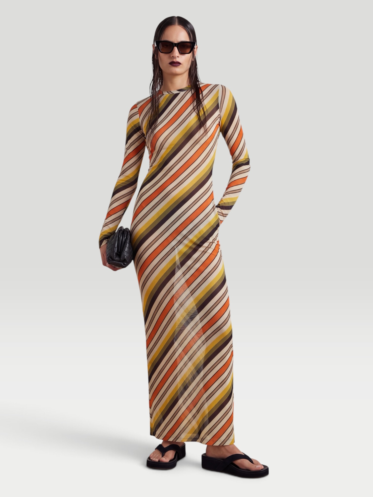 Jean Paul Gaultier Retro Stripe Mesh Maxi Dress. Styled by Sharon Lombardo for FDV Concierge.
