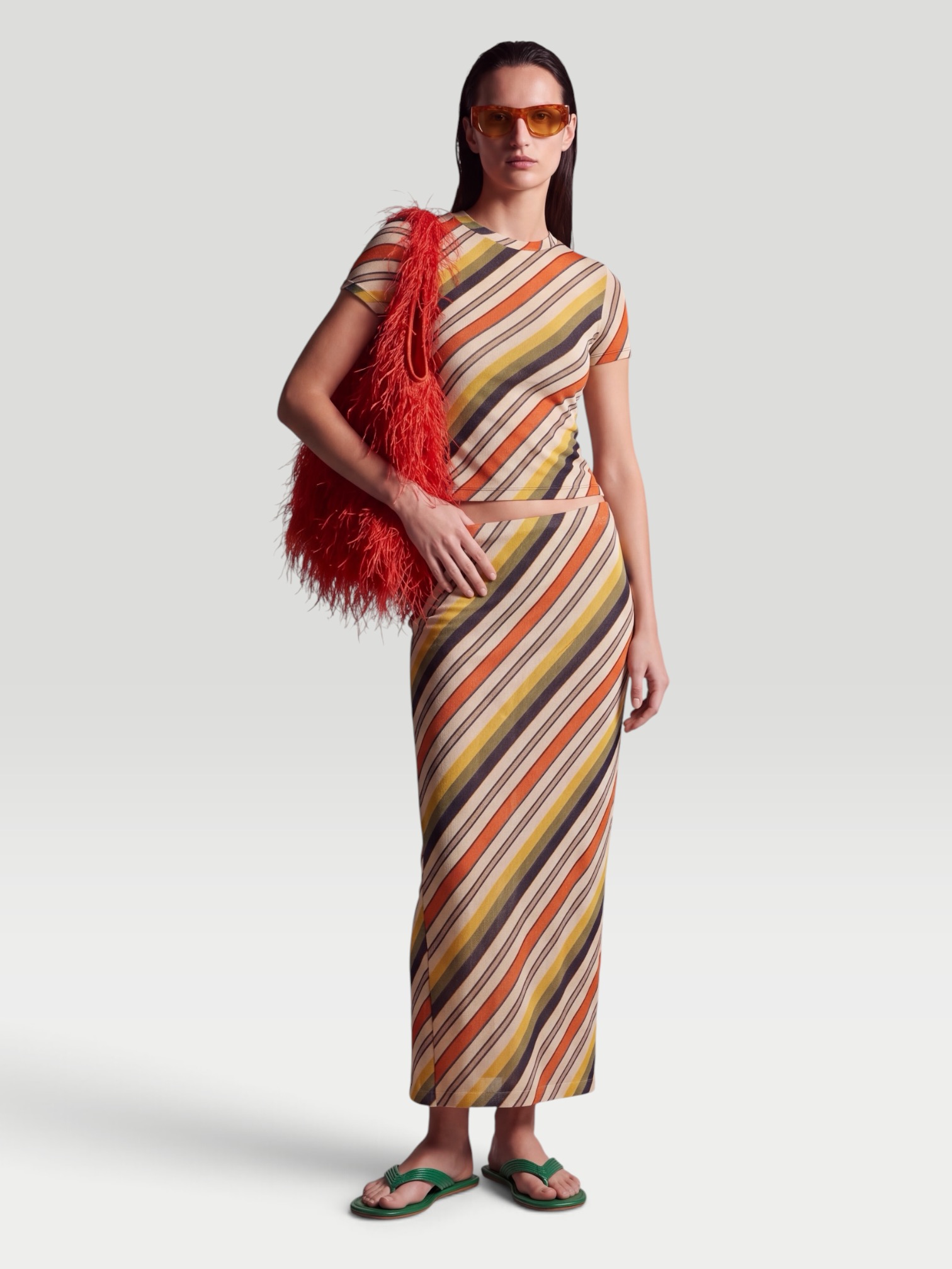 Jean Paul Gaultier Retro Stripe Printed Mesh Maxi Skirt. Styled by Sharon Lombardo for FDV Concierge.
