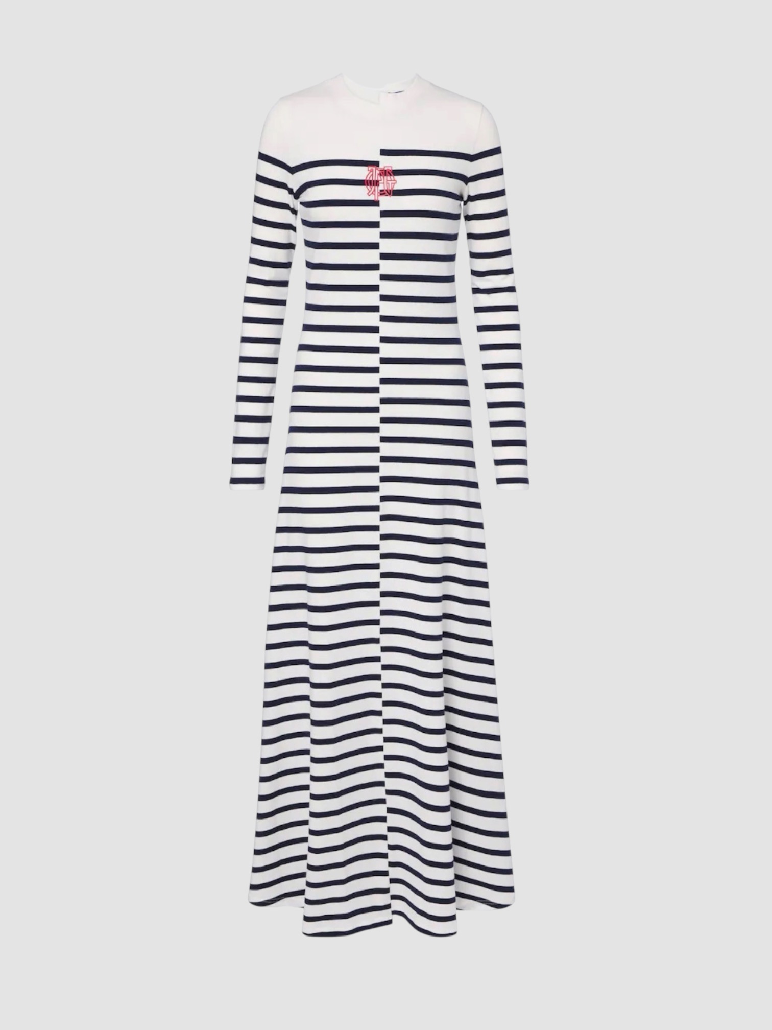 Jean Paul Gaultier Striped Cotton-Blend Jersey Maxi Dress in white/navy. Styled by Sharon Lombardo for FDV Concierge.