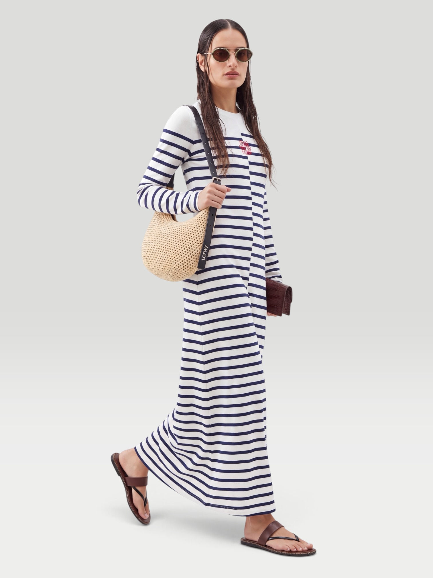 Jean Paul Gaultier Striped Cotton-Blend Jersey Maxi Dress in white/navy. Styled by Sharon Lombardo for FDV Concierge.
