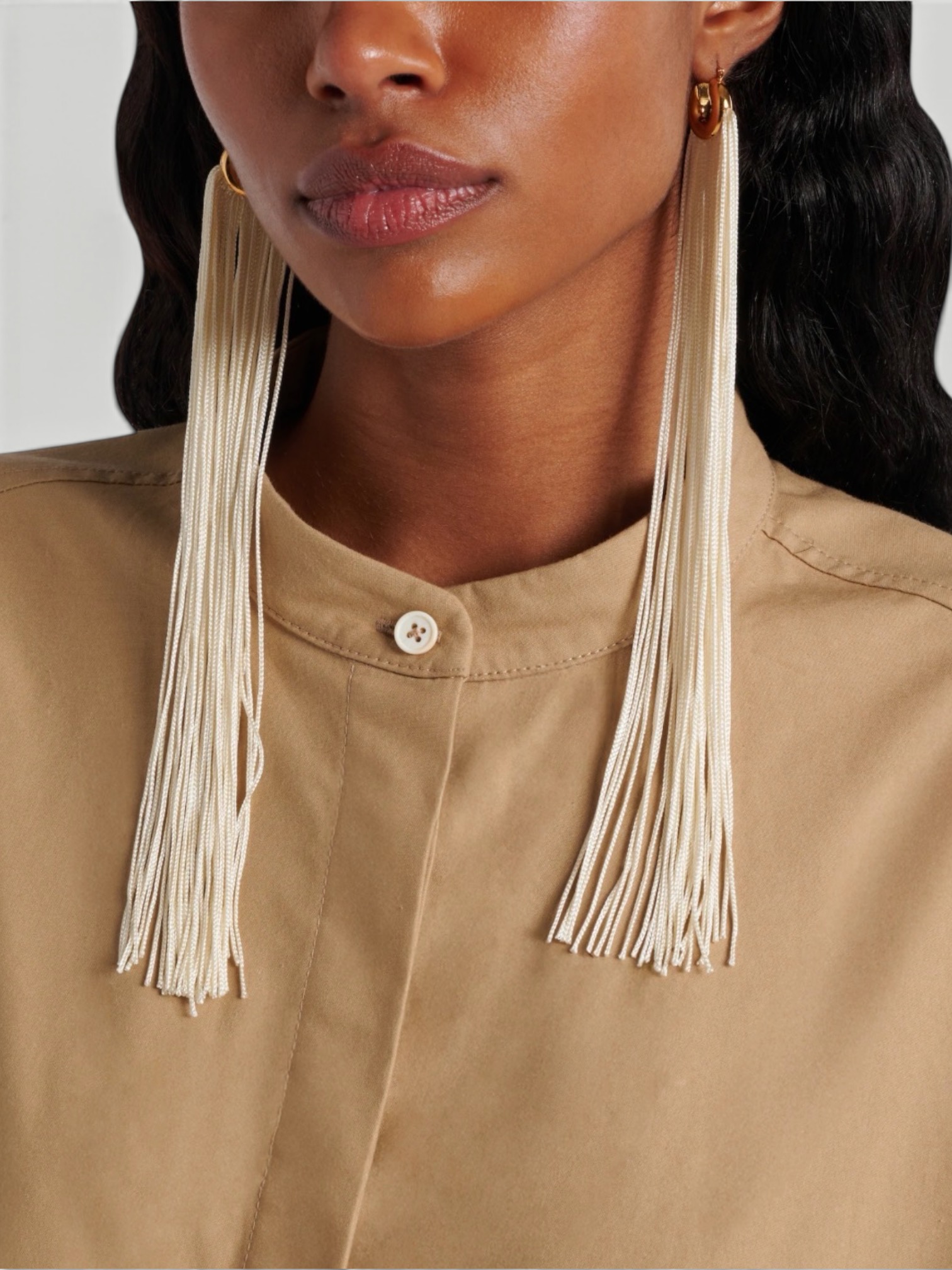Jil Sander Fringed Hoop Earrings in gold, worn with Dries Van Noten Rafaella Coat, Phoebe Philo Suede Slides. Styled by Sharon Lombardo for FDV Concierge.