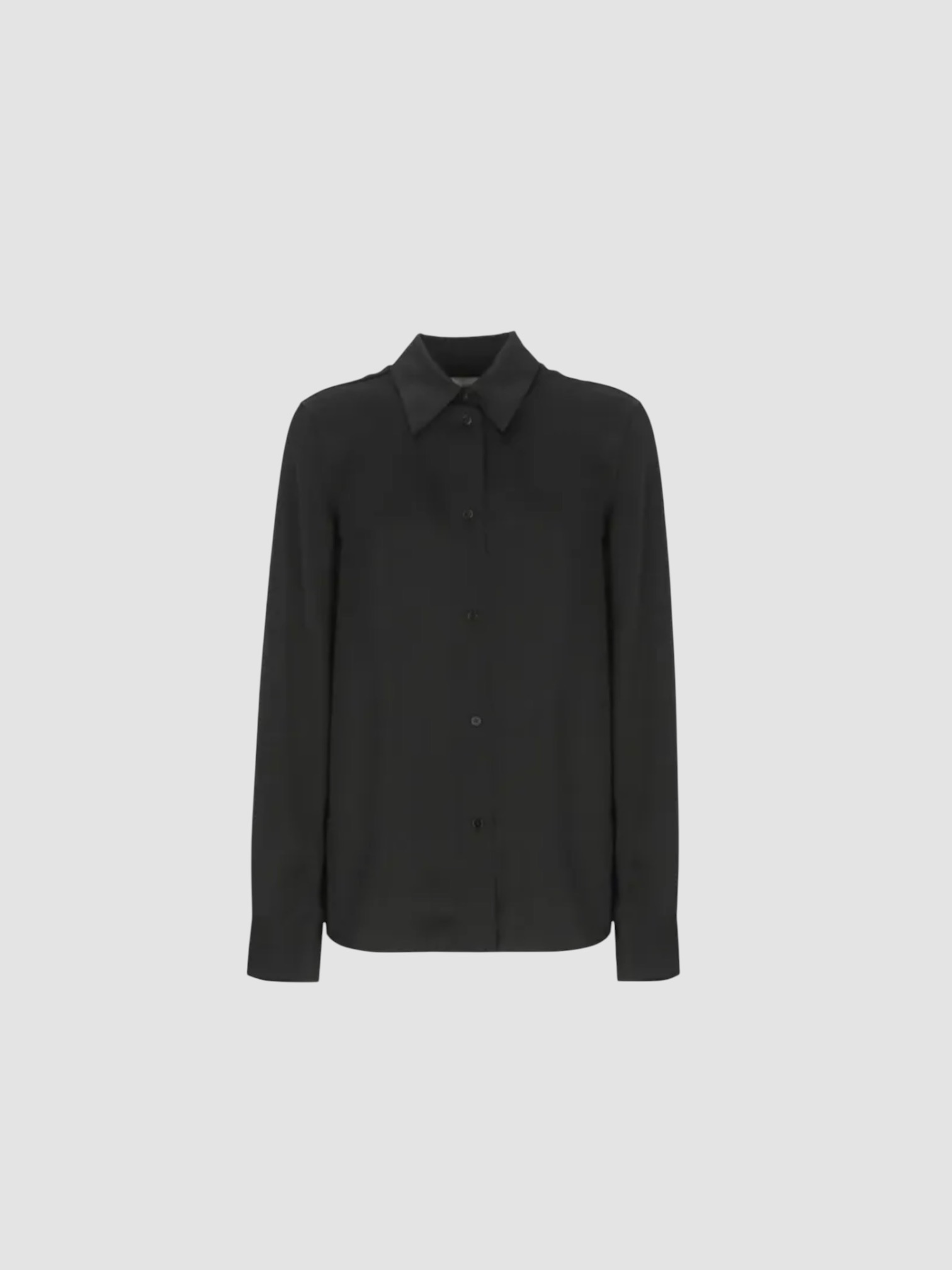 Jil Sander Long-Sleeved Collared Shirt in black, worn with Jil Sander Envers Satin Trousers, Phoebe Philo Pot Cabas Suede and Leather Tote Bag, Loewe Toggle Flat Sandal. Styled by Sharon Lombardo for FDV Concierge.
