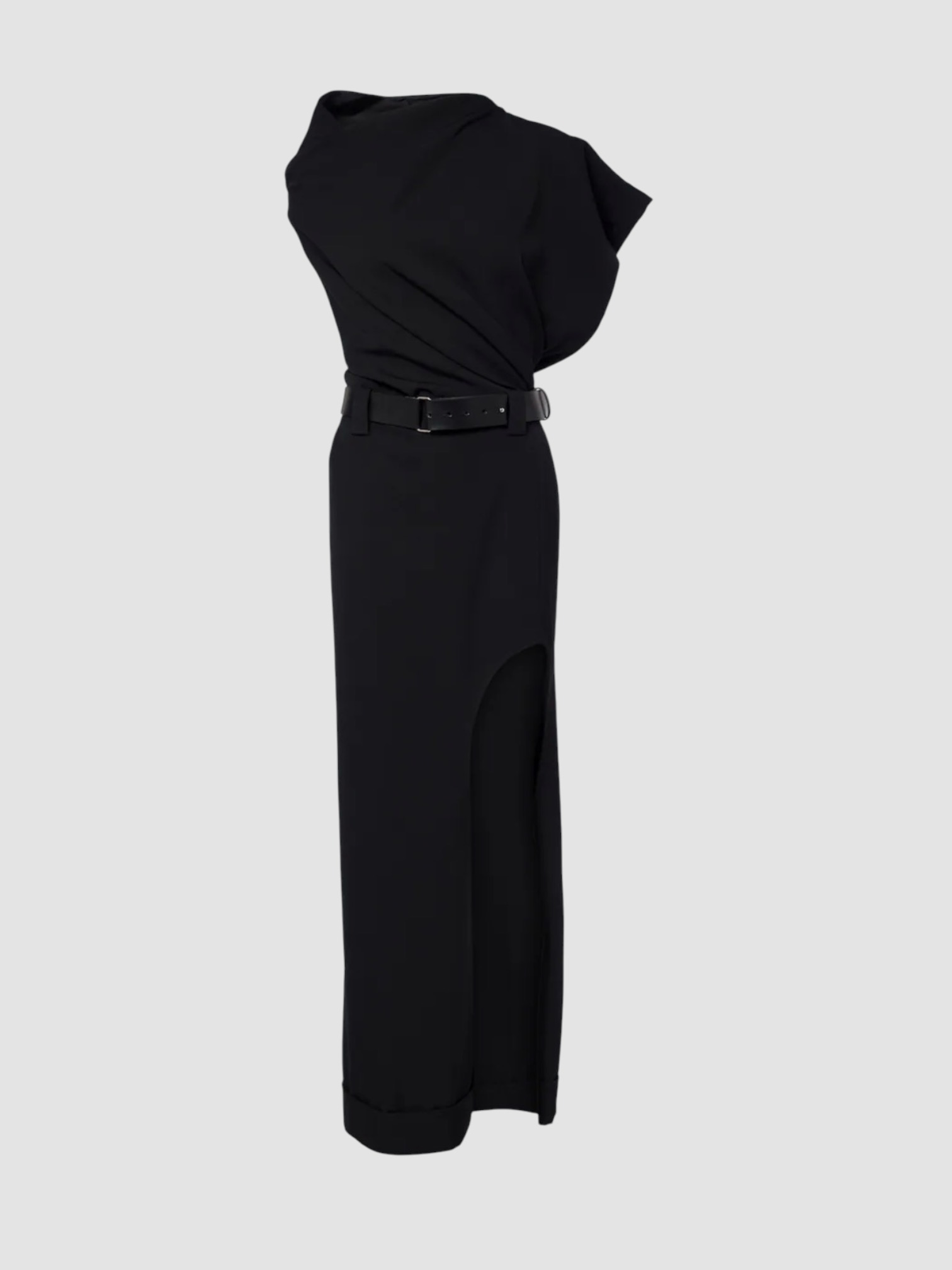 Junya Watanabe Asymmetric Wool Maxi Dress in black. Styled by Sharon Lombardo for FDV Concierge.