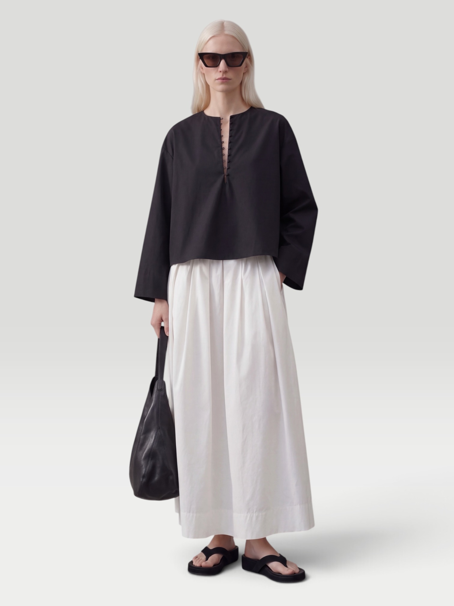 Kallmeyer Marguerite Blouse in Starched Poplin in black. Styled by Sharon Lombardo for FDV Concierge.