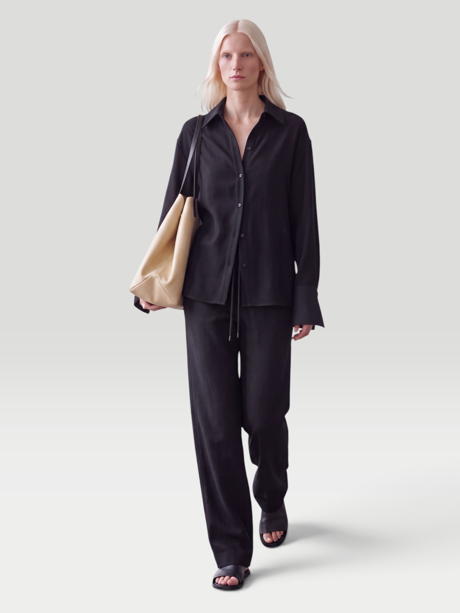 Kallmeyer Mollie Button Down in Wool Gauze in black. Styled by Sharon Lombardo for FDV Concierge.