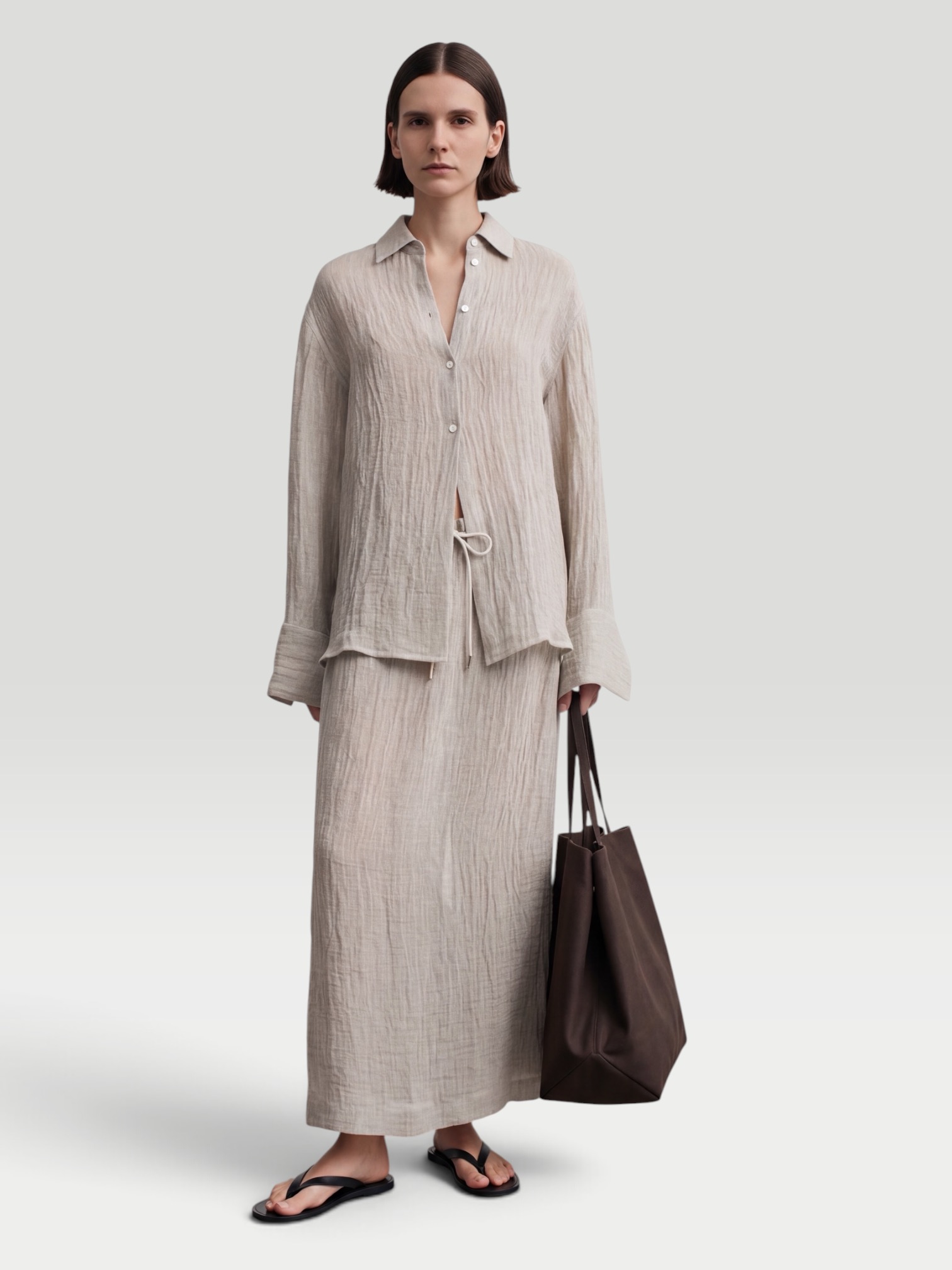 Kallmeyer Regina Drawstring Skirt in Linen Gauze in grey. Styled by Sharon Lombardo for FDV Concierge.