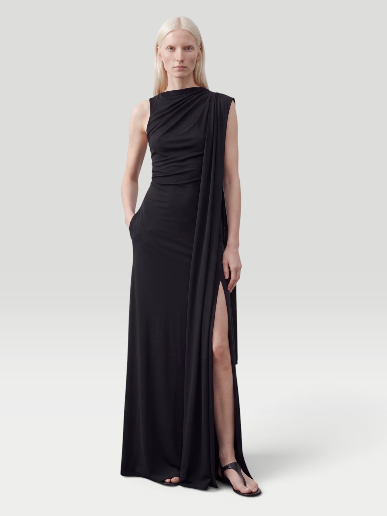 Kallmeyer Roma Gown in Matte Jersey in black, worn with Phoebe Philo Cone Heel Mules. Styled by Sharon Lombardo for FDV Concierge.