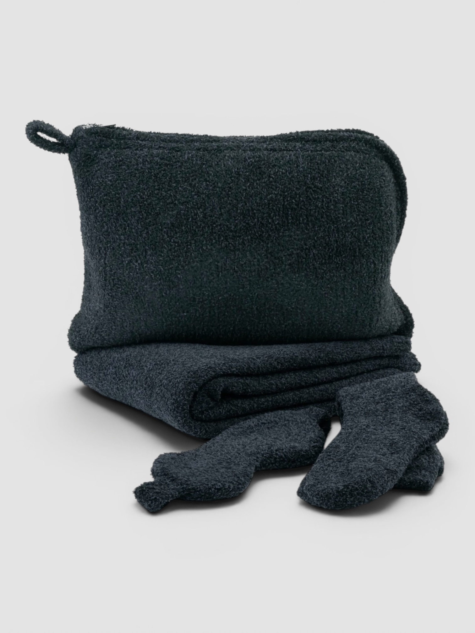 Kashwére Travel Blanket, Socks & Eye Mask Set in black.