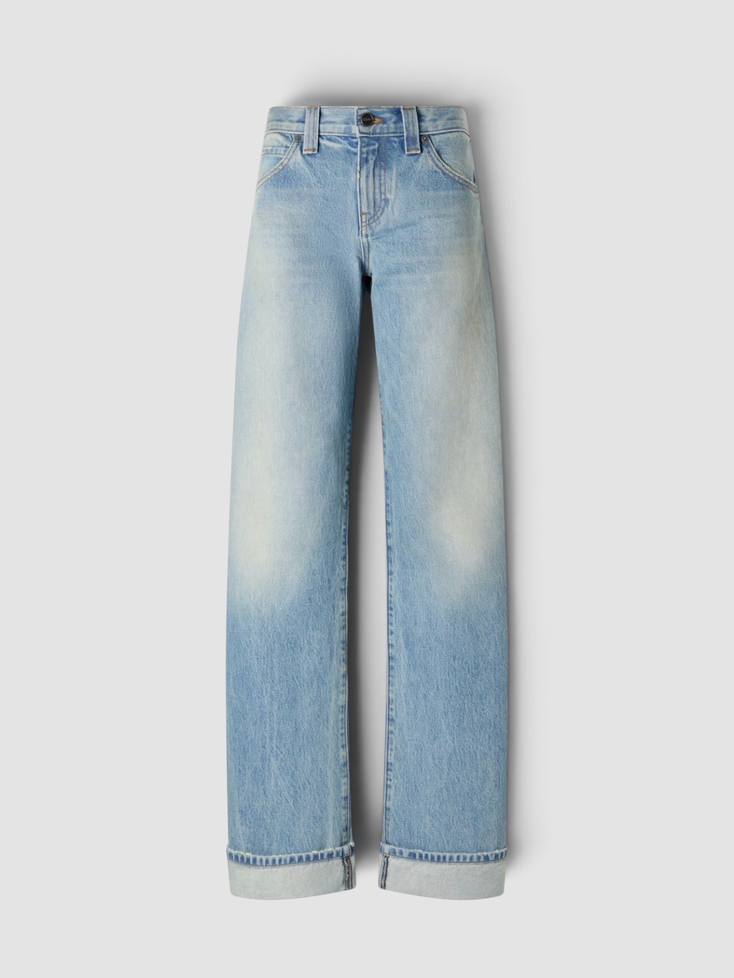 Khaite Karo Mid-Waist Wide-Leg Jeans in light denim. Styled by Sharon Lombardo for FDV Concierge.