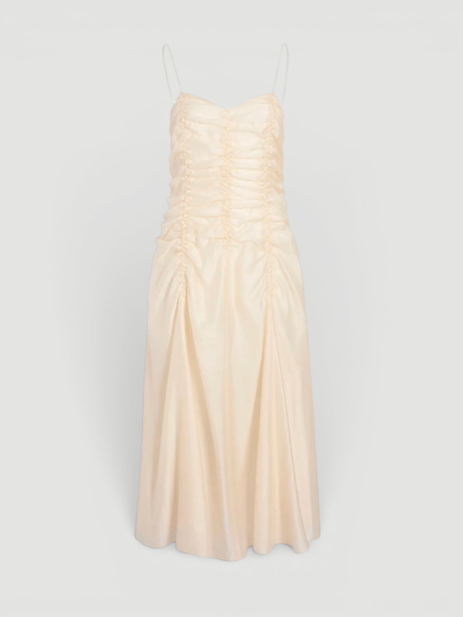 Khaite Raina Ruched Satin Maxi Dress in ivory glow. Styled by Sharon Lombardo for FDV Concierge.