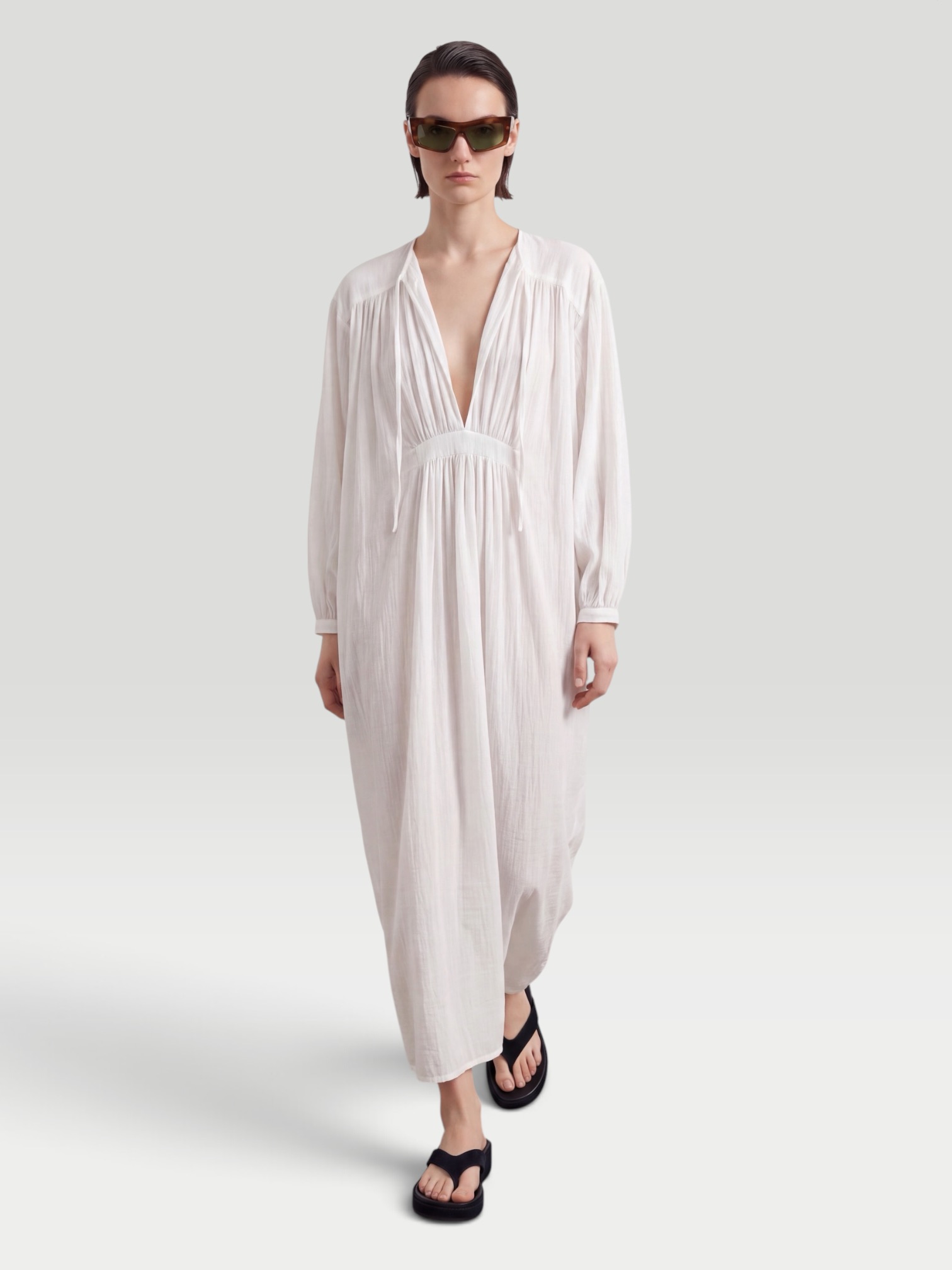 Les Vacances d'Irina Hazy Cotton Maxi Dress in white. Styled by Sharon Lombardo for FDV Concierge.