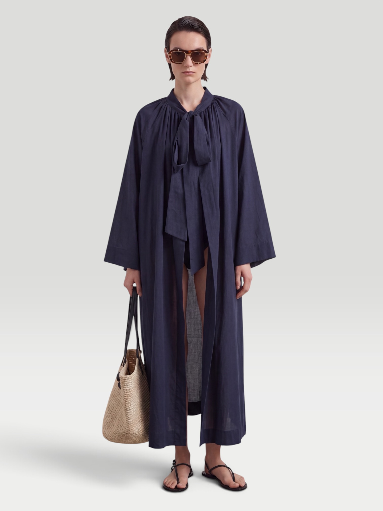 Les Vacances d'Irina Liquid Summer Cotton-Voile Kaftan in navy. Styled by Sharon Lombardo for FDV Concierge.