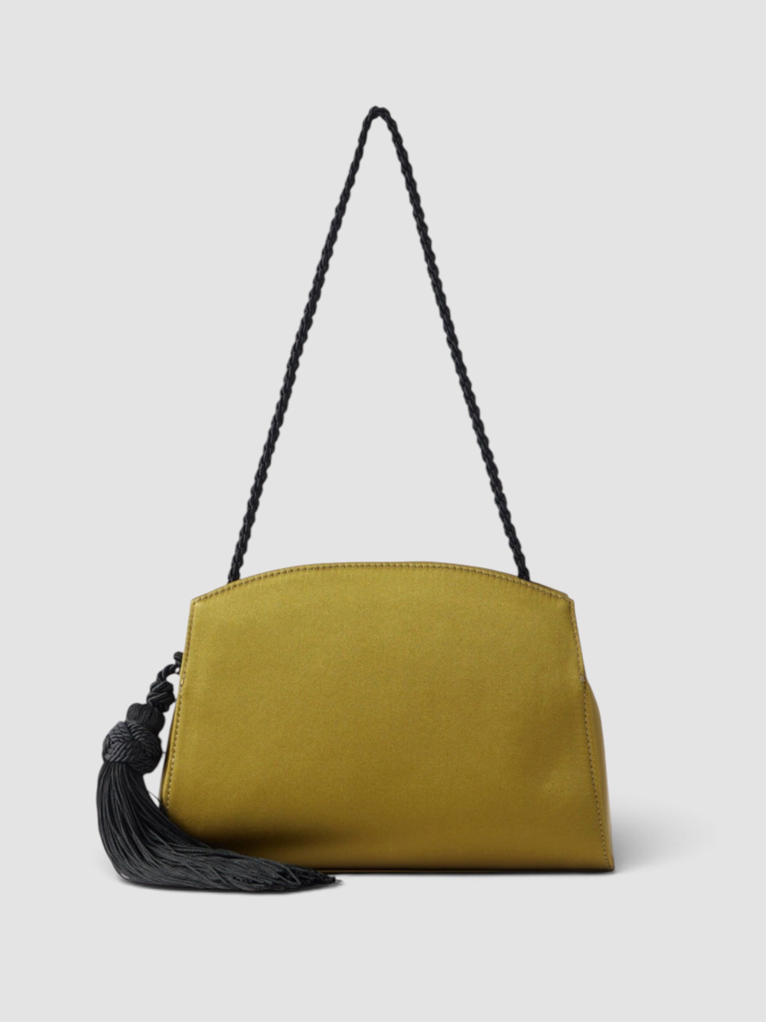 Liffner Tassel Satin Shoulder Bag in chartreuse, worn with WeWoreWhat Lace Voile Cami Top, WeWoreWhat Balloon Lace Trouser, Phoebe Philo Frizz Flip Flop, Bottega Veneta Cat-Eye Acetate Sunglasses, the evening. Styled by Sharon Lombardo for FDV Concierge.