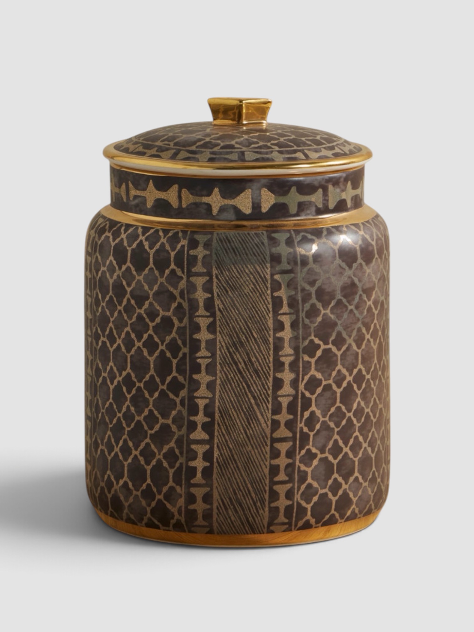 L'Objet Ashanti Large Gold-Plated Earthenware Canister in brown.