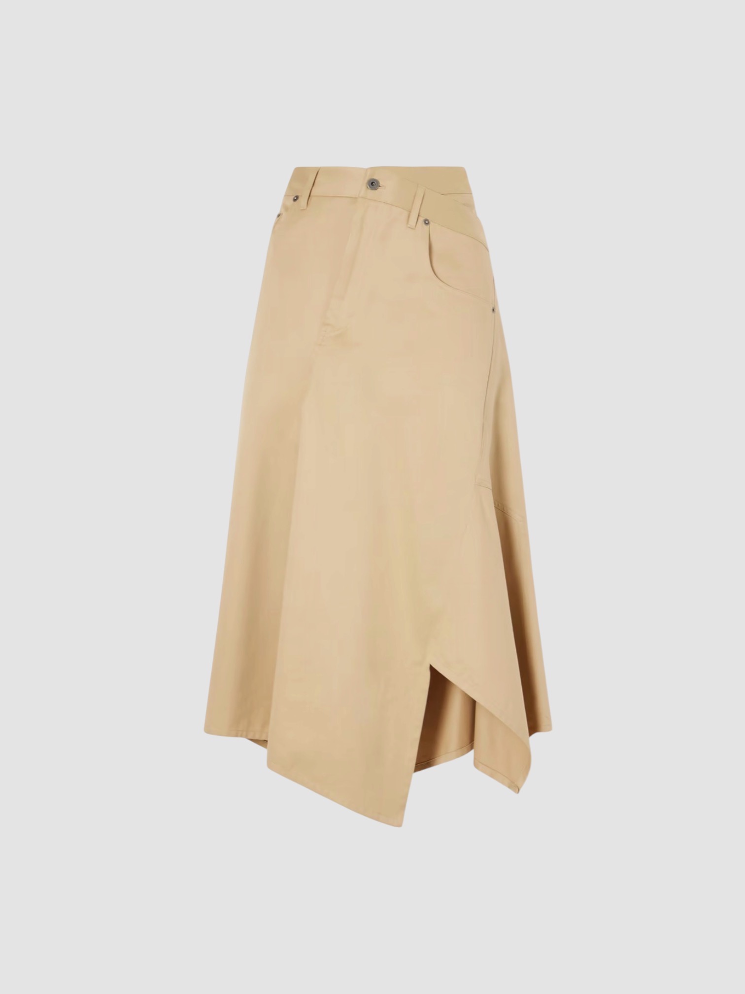 Loewe Asymmetrical Cotton-Gabardine Midi Skirt in beige. Styled by Sharon Lombardo for FDV Concierge.