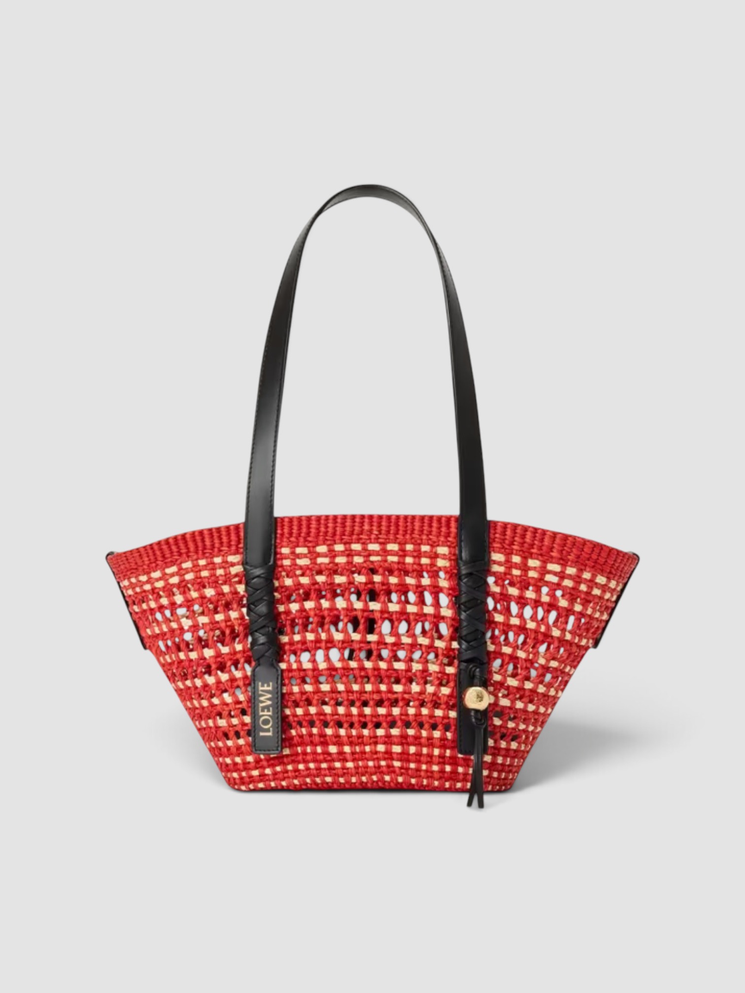 Loewe Paula's Ibiza Braid Small Woven Basket Tote Bag in red/natural, worn with Totême Striped Shirtdress. Styled by Sharon Lombardo for FDV Concierge.