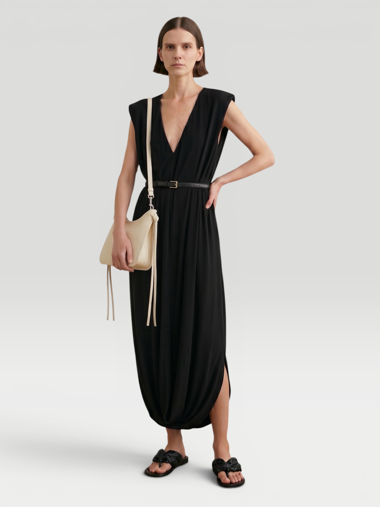 Loewe Draped Jersey Midi Dress in black. Styled by Sharon Lombardo for FDV Concierge.