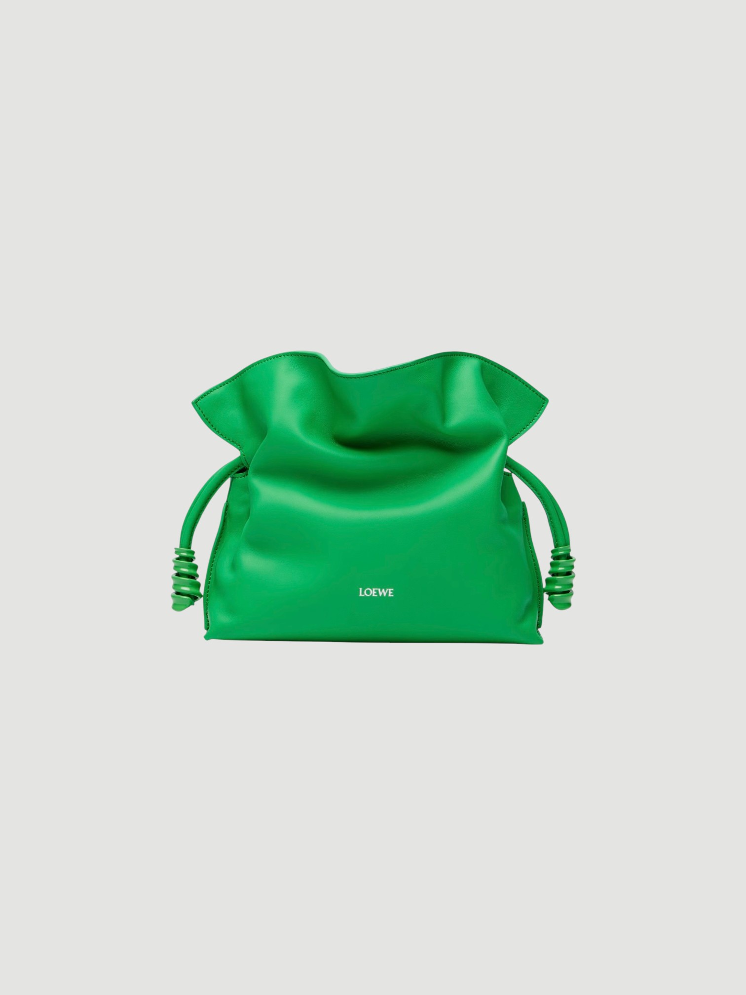 Loewe Flamenco Coil Mini Leather Clutch in clover green, worn with HEIRLOME Monica Dress. Styled by Sharon Lombardo for FDV Concierge.