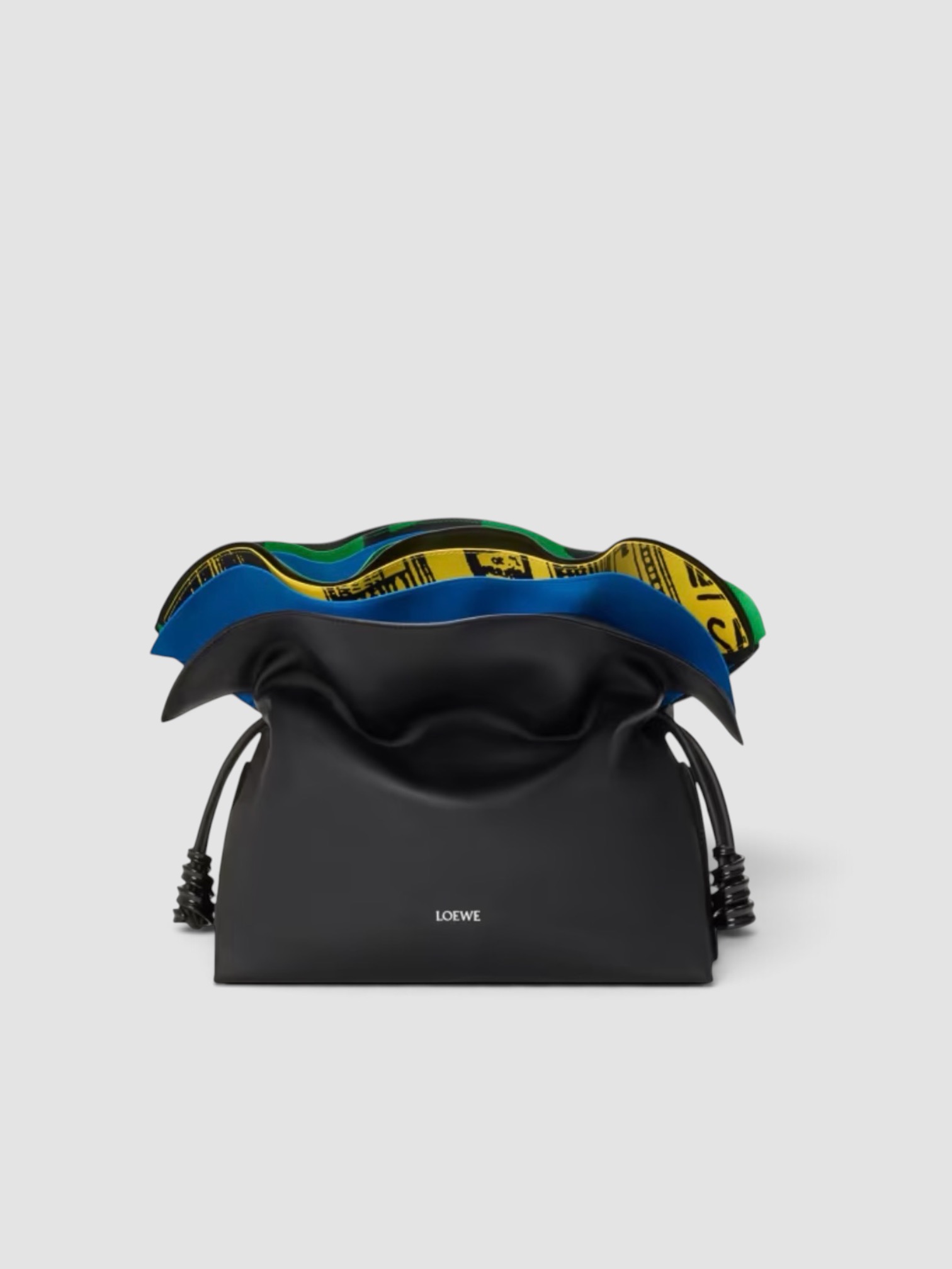 Loewe Flamenco Leather Clutch in black/multi, worn with FIL DE VIE Isadora Dress. Styled by Sharon Lombardo for FDV Concierge.
