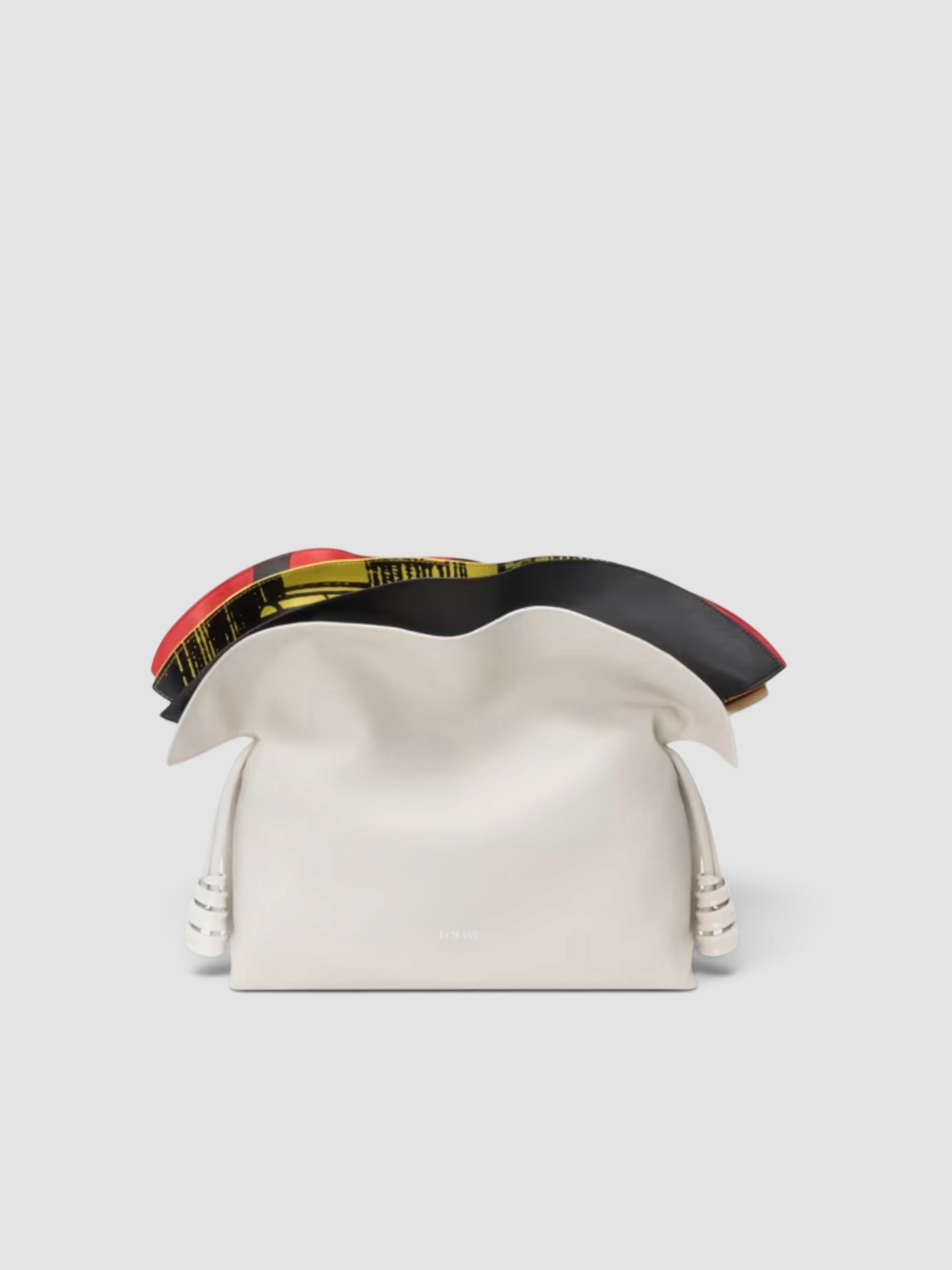 Loewe Millefeuille Flamenco Medium Leather Clutch in soft white/multi, worn with HEIRLOME Monica Dress. Styled by Sharon Lombardo for FDV Concierge.
