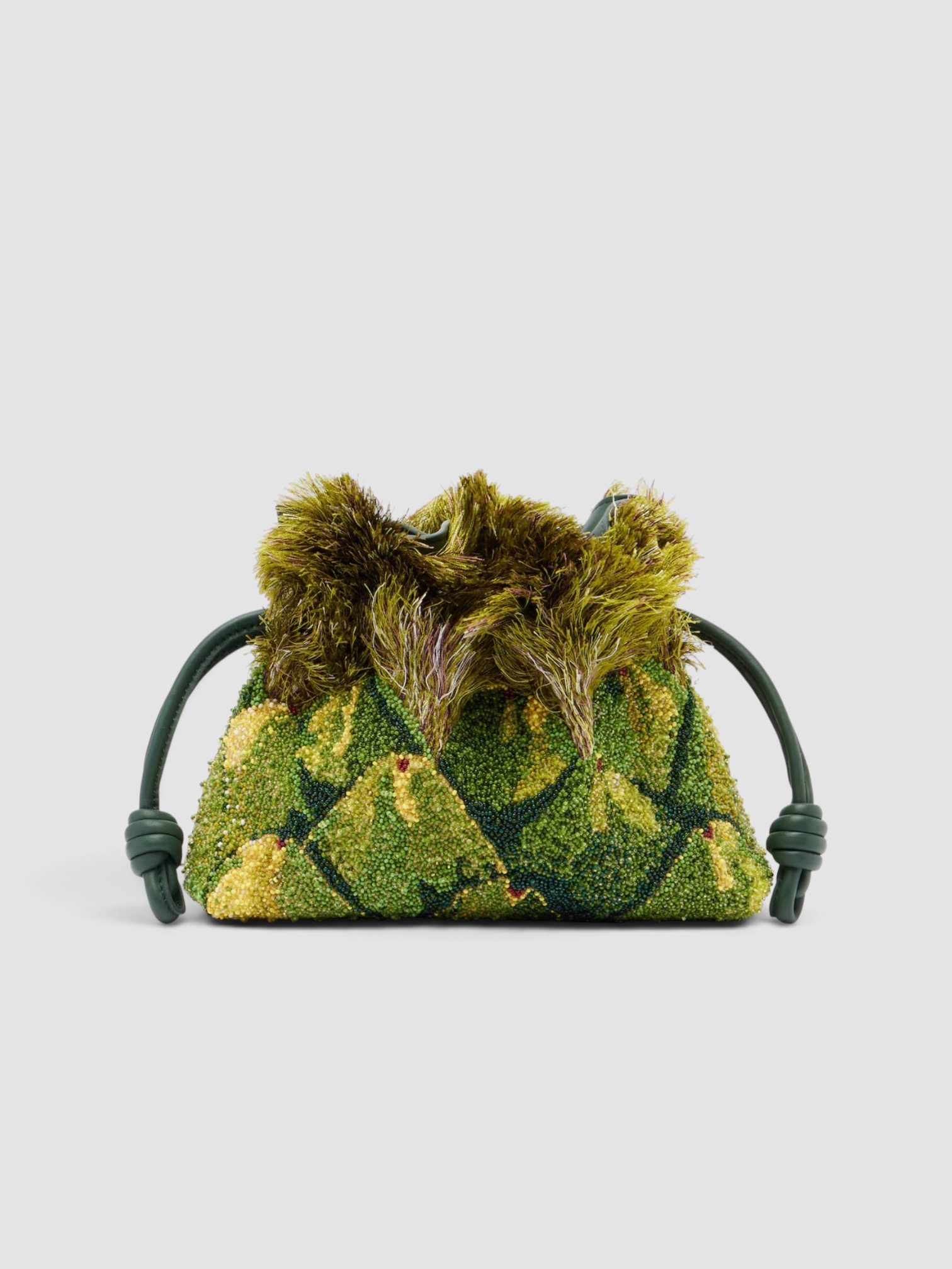 Loewe Paula's Ibiza Flamenco Mini Beaded Clutch in green, worn with Dries Van Noten Printed Satin Maxi Dress, Phoebe Philo Frizz Flip Flop, Phoebe Philo Peak Sunglasses, Love Adorned Vintage Diamond Corner Signet Ring, walking the city. Styled by Sharon Lombardo for FDV Concierge.