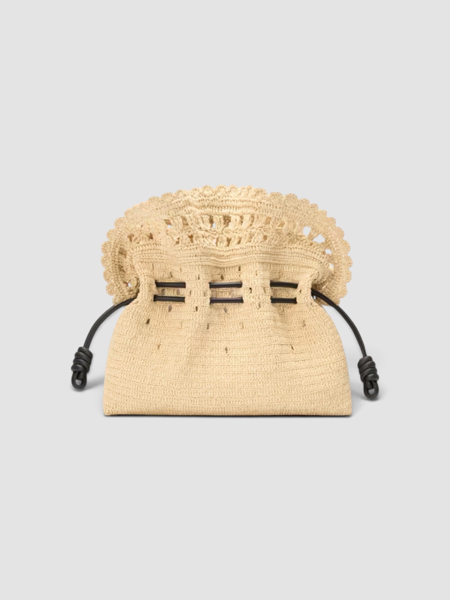 Loewe Paula's Ibiza Flamenco Medium Ruffled Clutch Bag in Raffia in natural/black, worn with Totême Striped Shirtdress. Styled by Sharon Lombardo for FDV Concierge.