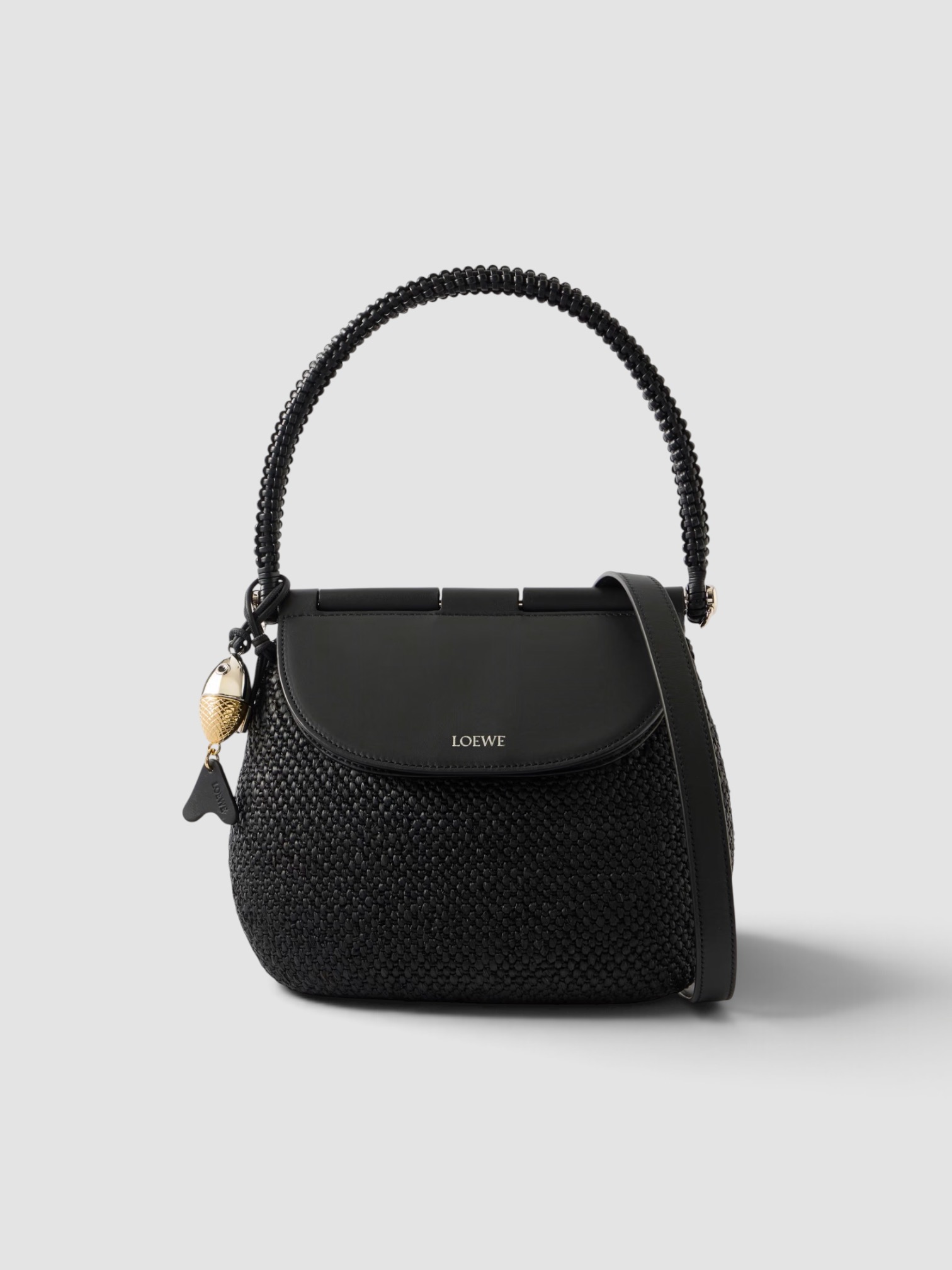 Loewe Paula's Ibiza Pescador Medium Raffia Shoulder Bag in black, worn with FIL DE VIE Isadora Dress. Styled by Sharon Lombardo for FDV Concierge.