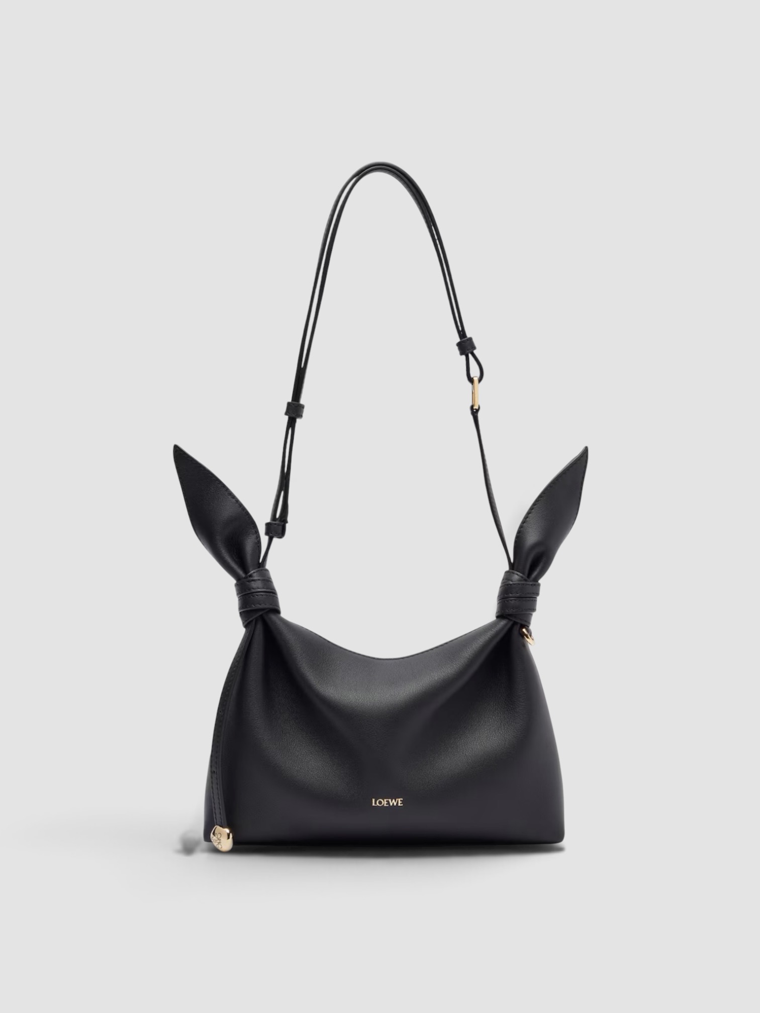 Loewe Scarf Mini Leather Shoulder Bag in black, worn with FIL DE VIE Isadora Dress. Styled by Sharon Lombardo for FDV Concierge.