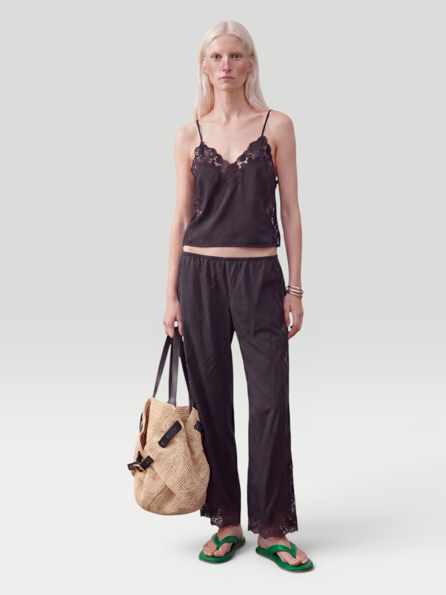 Loretta Caponi Oriana Lace-Trimmed Cotton Tank in black. Styled by Sharon Lombardo for FDV Concierge.