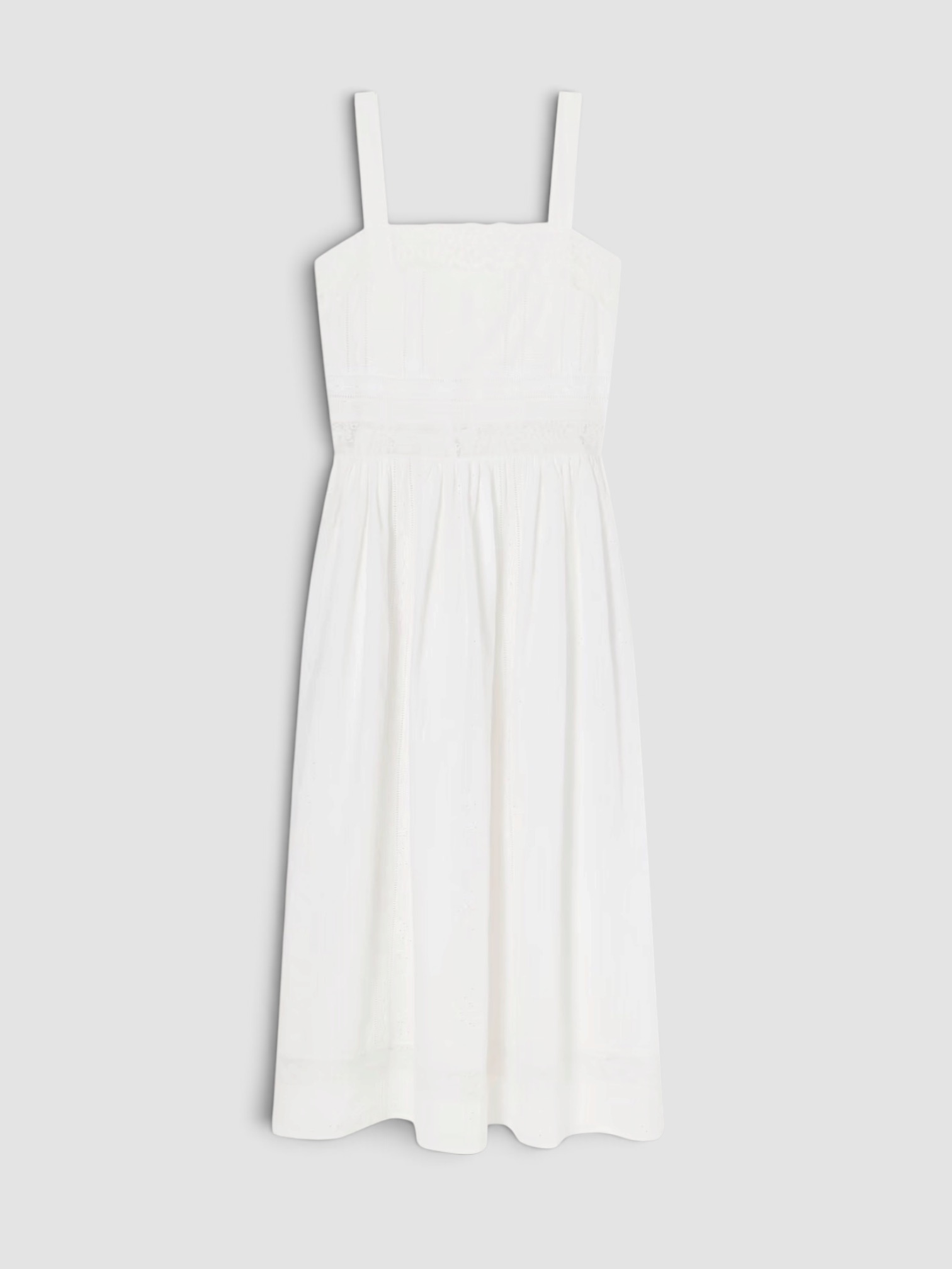 Loretta Caponi Antigua Lace-Trimmed Embroidered Cotton Midi Dress in white. Styled by Sharon Lombardo for FDV Concierge.