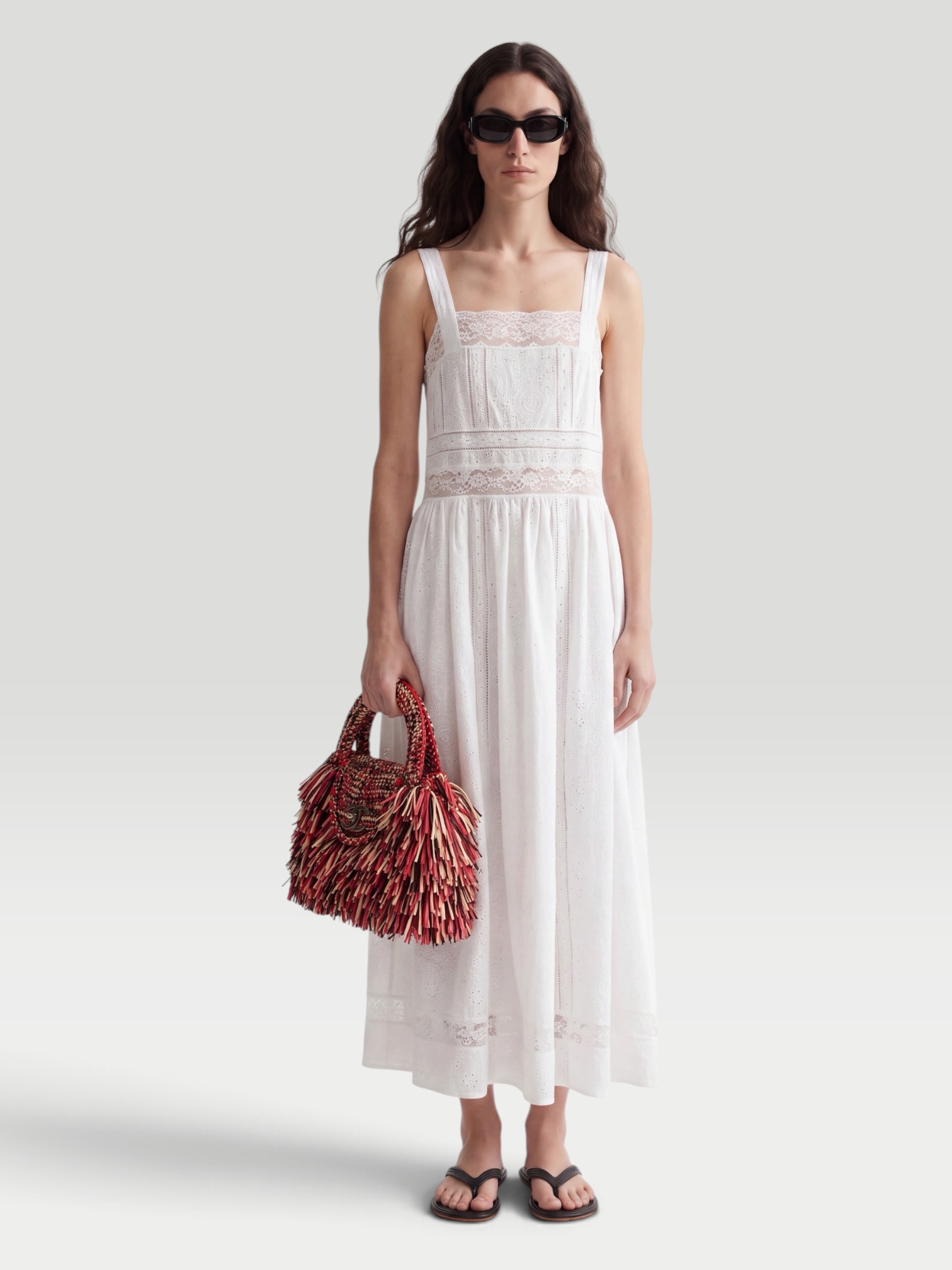 Loretta Caponi Antigua Lace-Trimmed Embroidered Cotton Midi Dress in white. Styled by Sharon Lombardo for FDV Concierge.