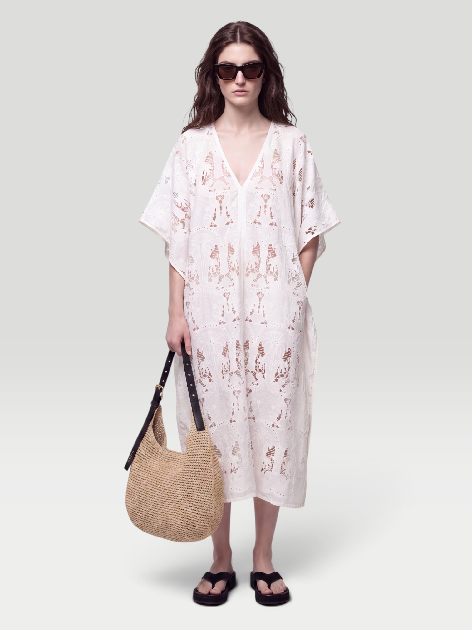 Loretta Caponi Atrani Embroidered Cotton-Blend Midi Dress in cream. Styled by Sharon Lombardo for FDV Concierge.