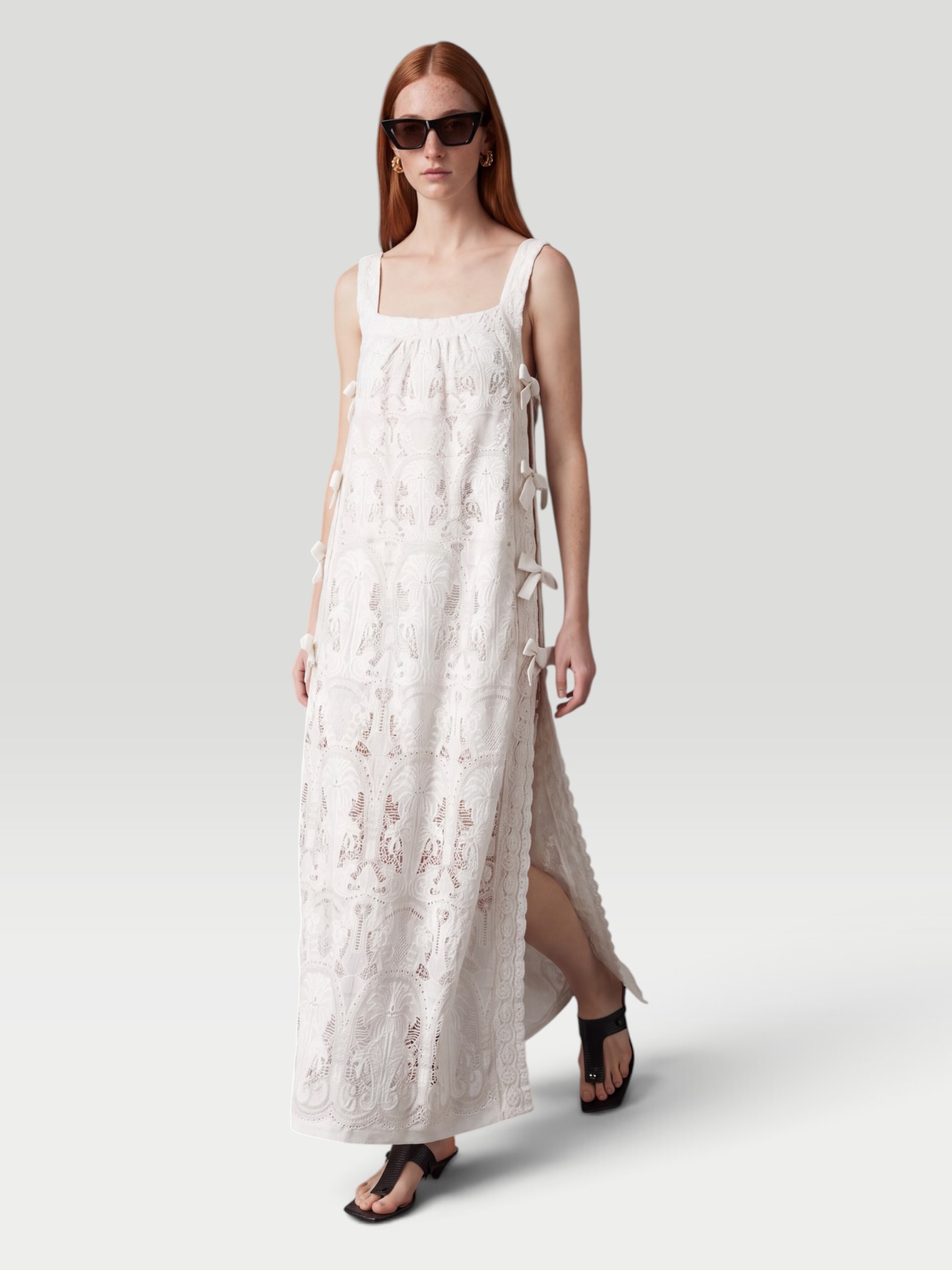 Loretta Caponi Fiocchini Maxi Dress in white. Styled by Sharon Lombardo for FDV Concierge.