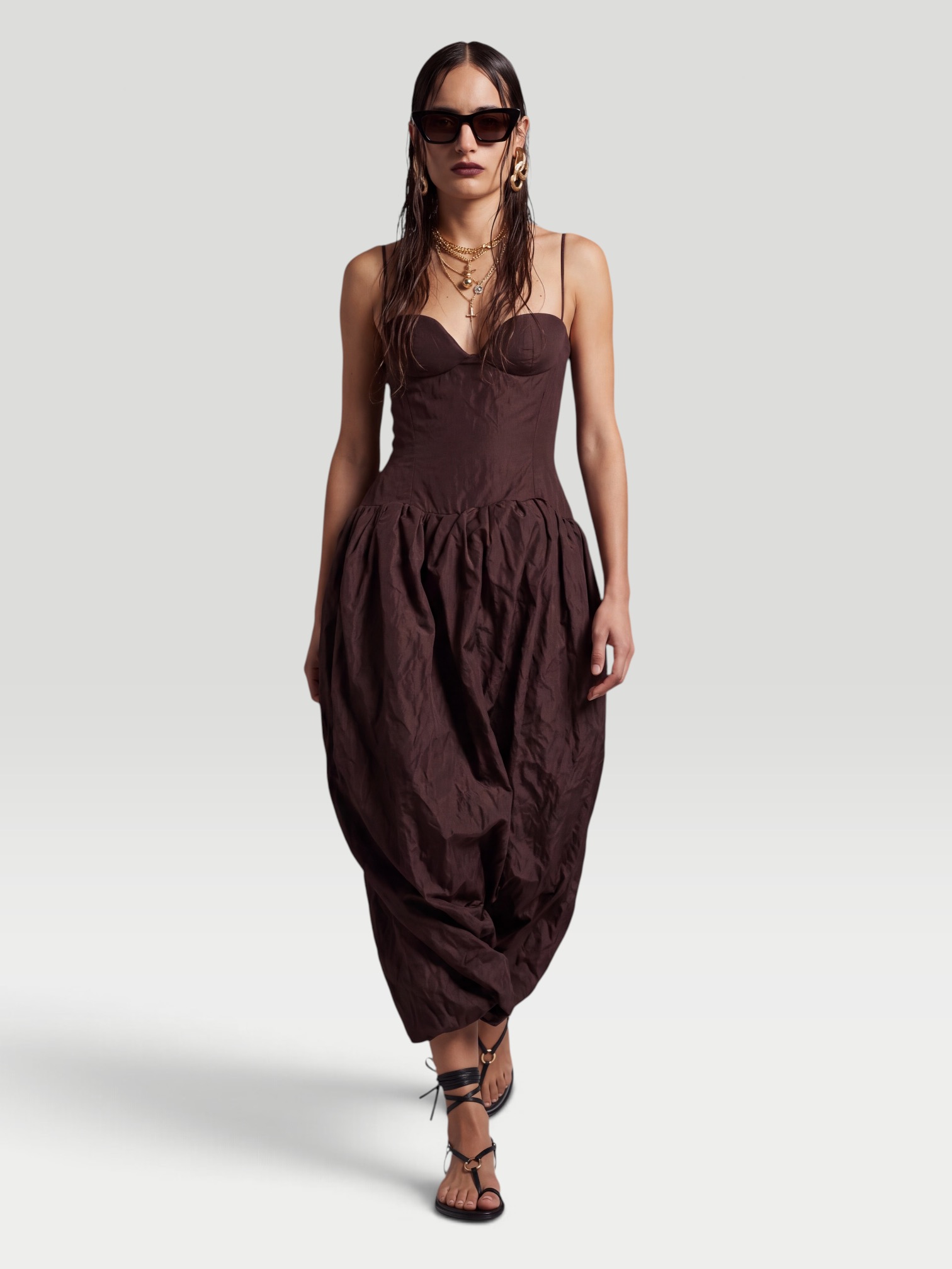 Magda Butrym Gathered Cotton-Blend Bustier Dress in brown. Styled by Sharon Lombardo for FDV Concierge.