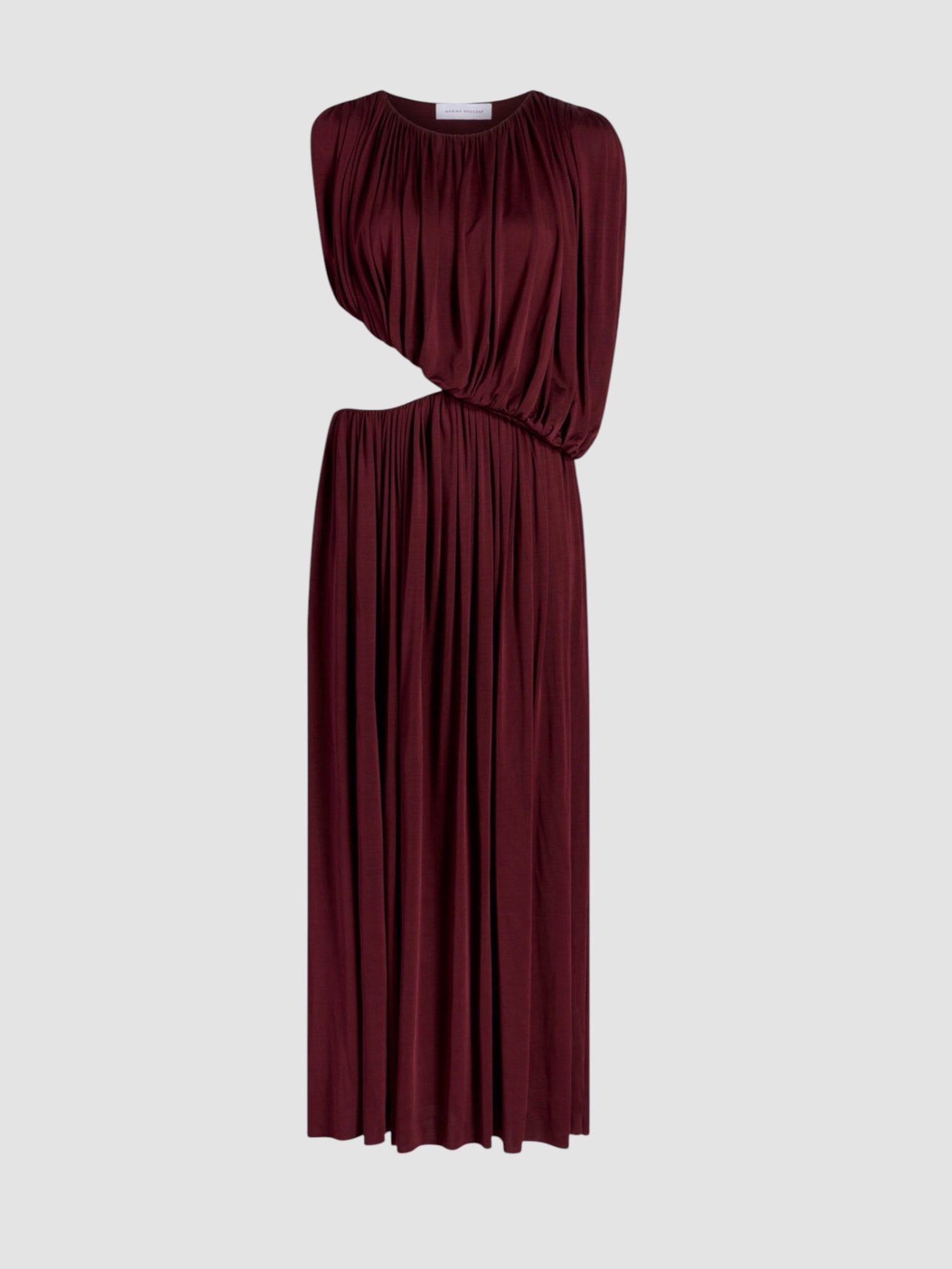 Marina Moscone Gathered Draped Dress in bordeaux. Styled by Sharon Lombardo for FDV Concierge.