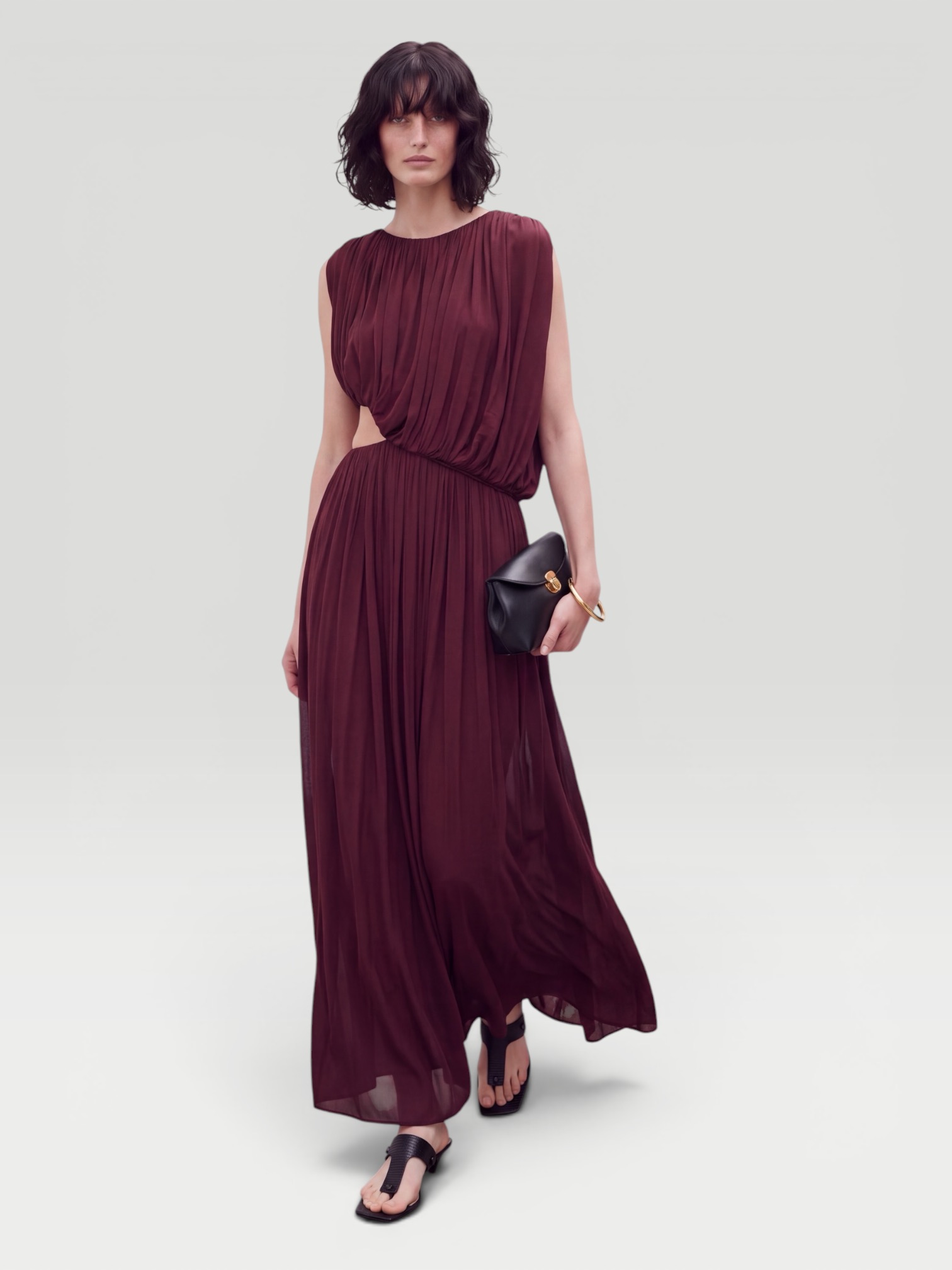 Marina Moscone Gathered Draped Dress in bordeaux. Styled by Sharon Lombardo for FDV Concierge.